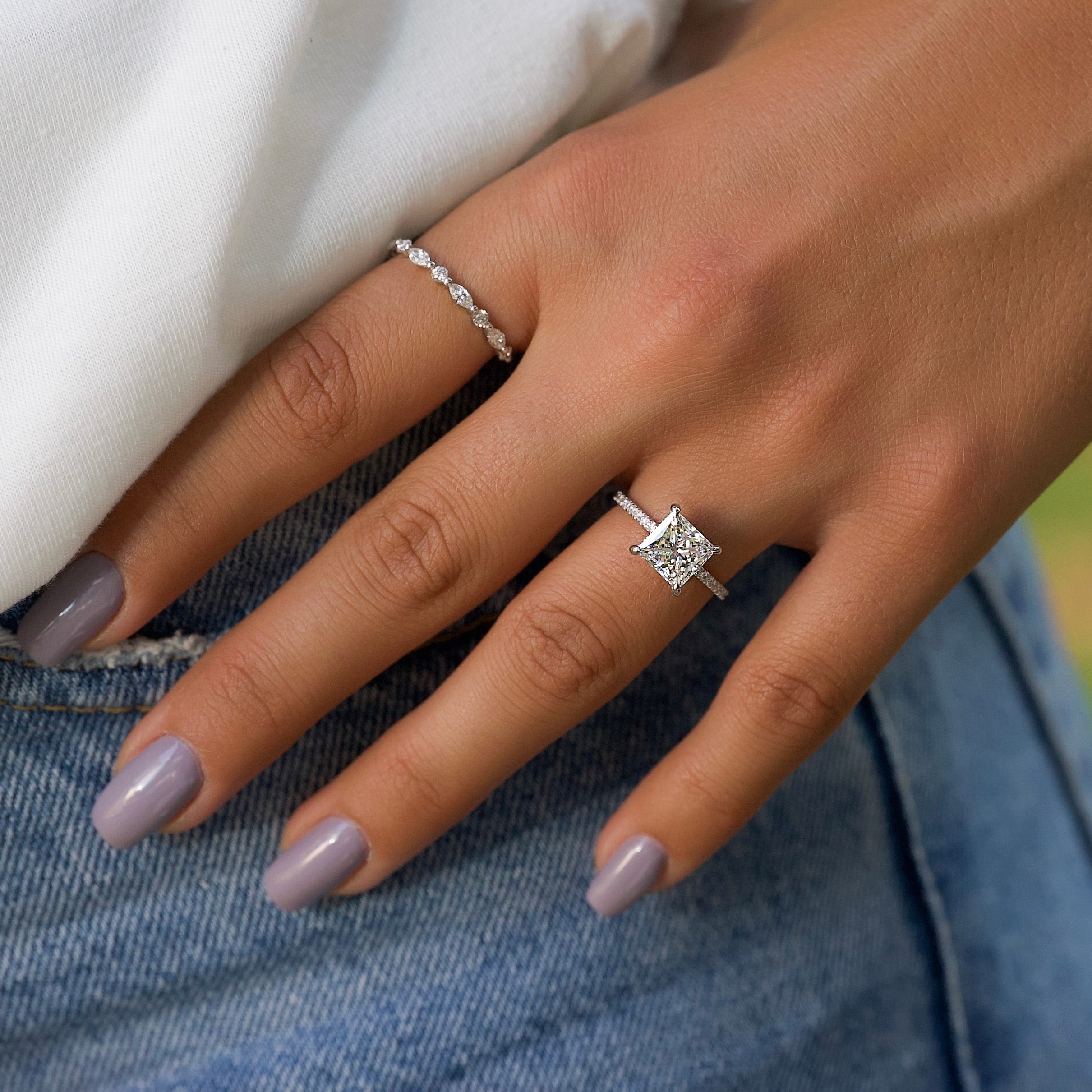 2.0 - 4.0 CT Princess Cut Lab Grown Diamond Hidden Halo & Pave Style Engagement Ring