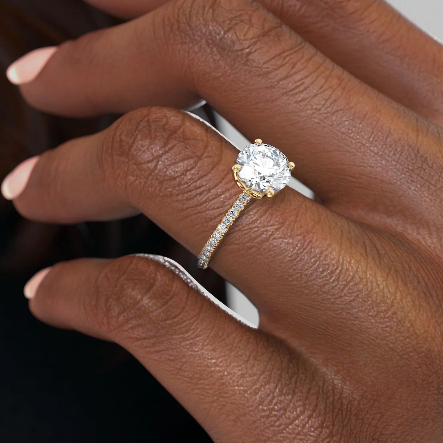 Round cut CVD diamond engagement ring with delicate pave diamond band in platinum