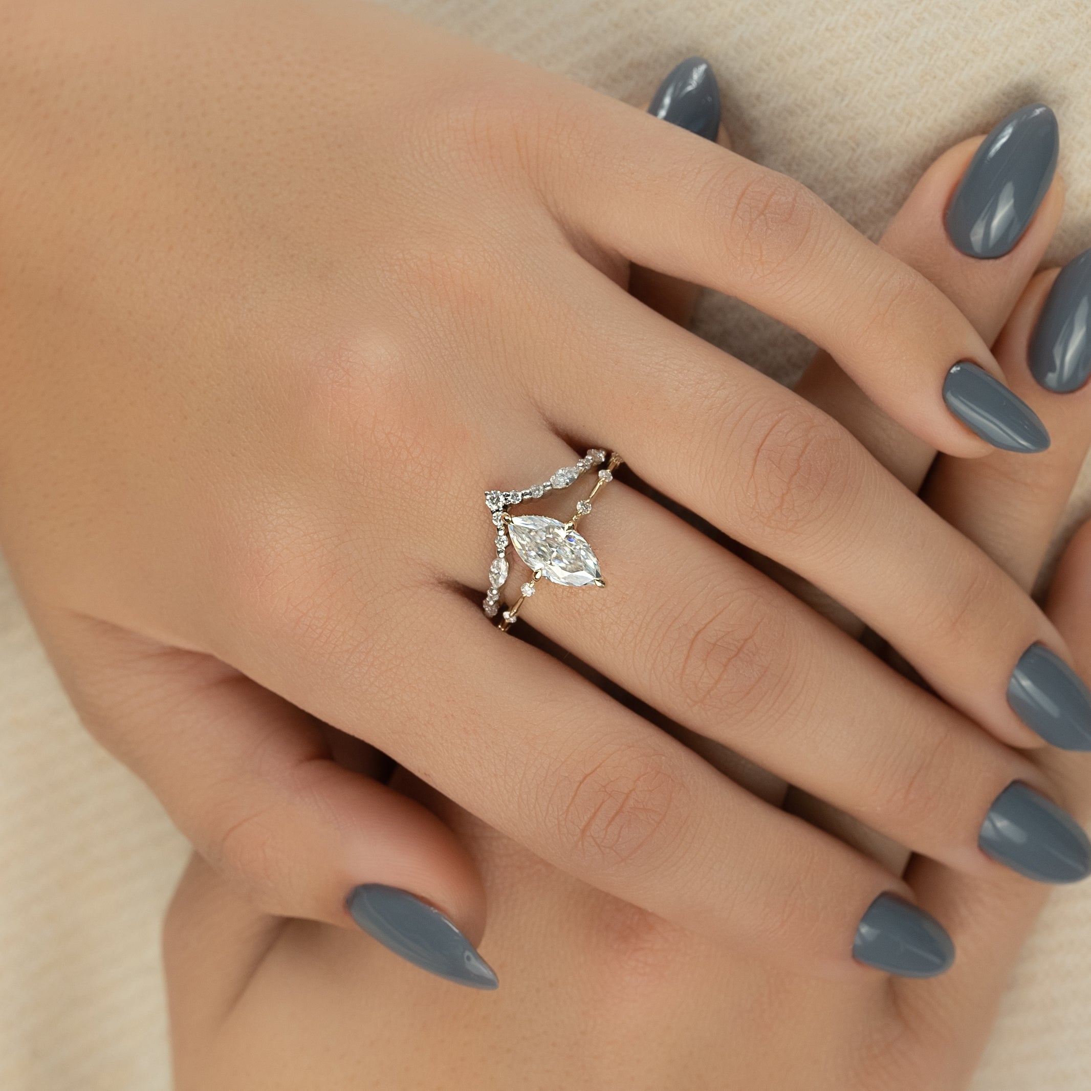 Marquise cut CVD diamond dainty engagement ring in white gold setting