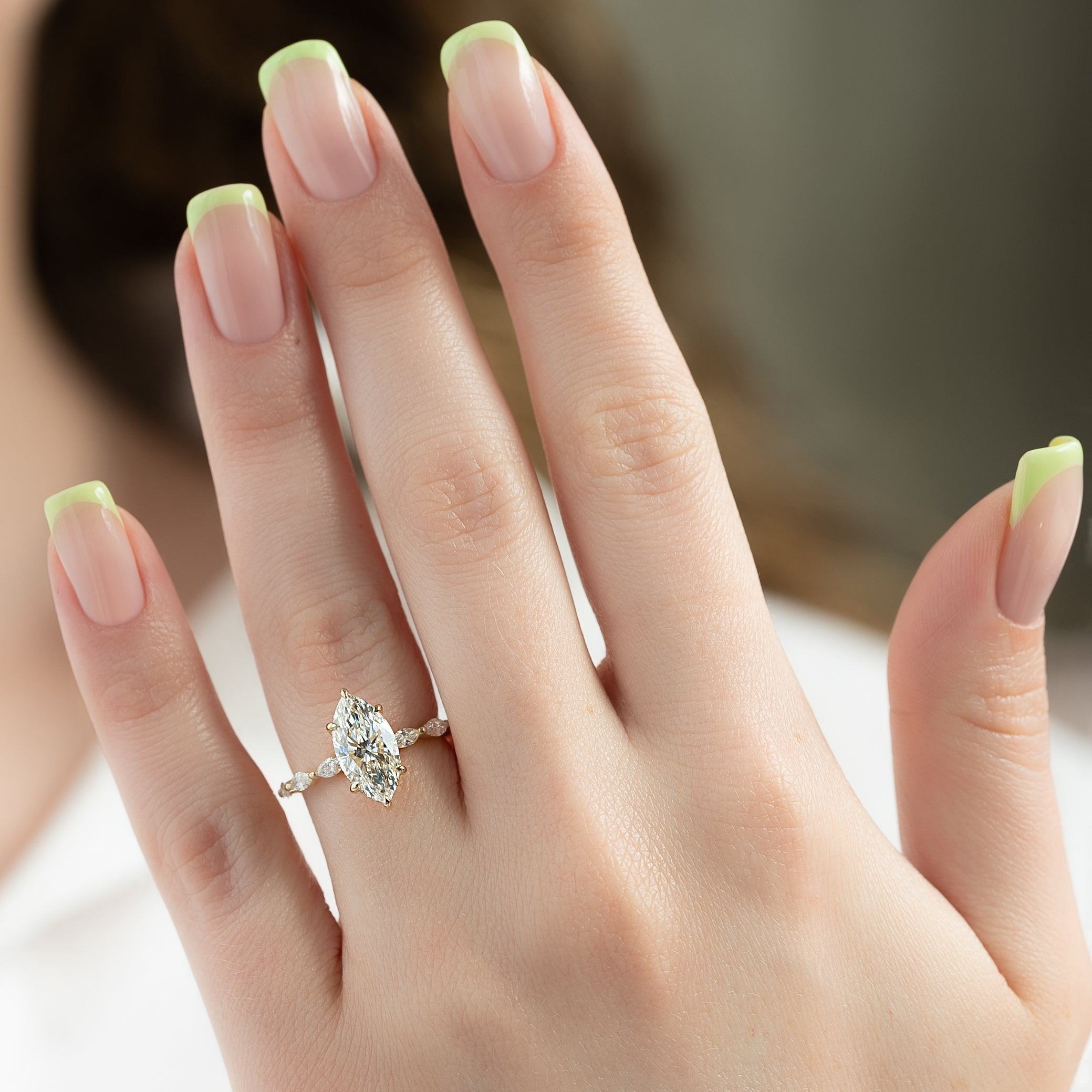 Marquise cut CVD diamond engagement ring with hidden halo and pave band in white gold