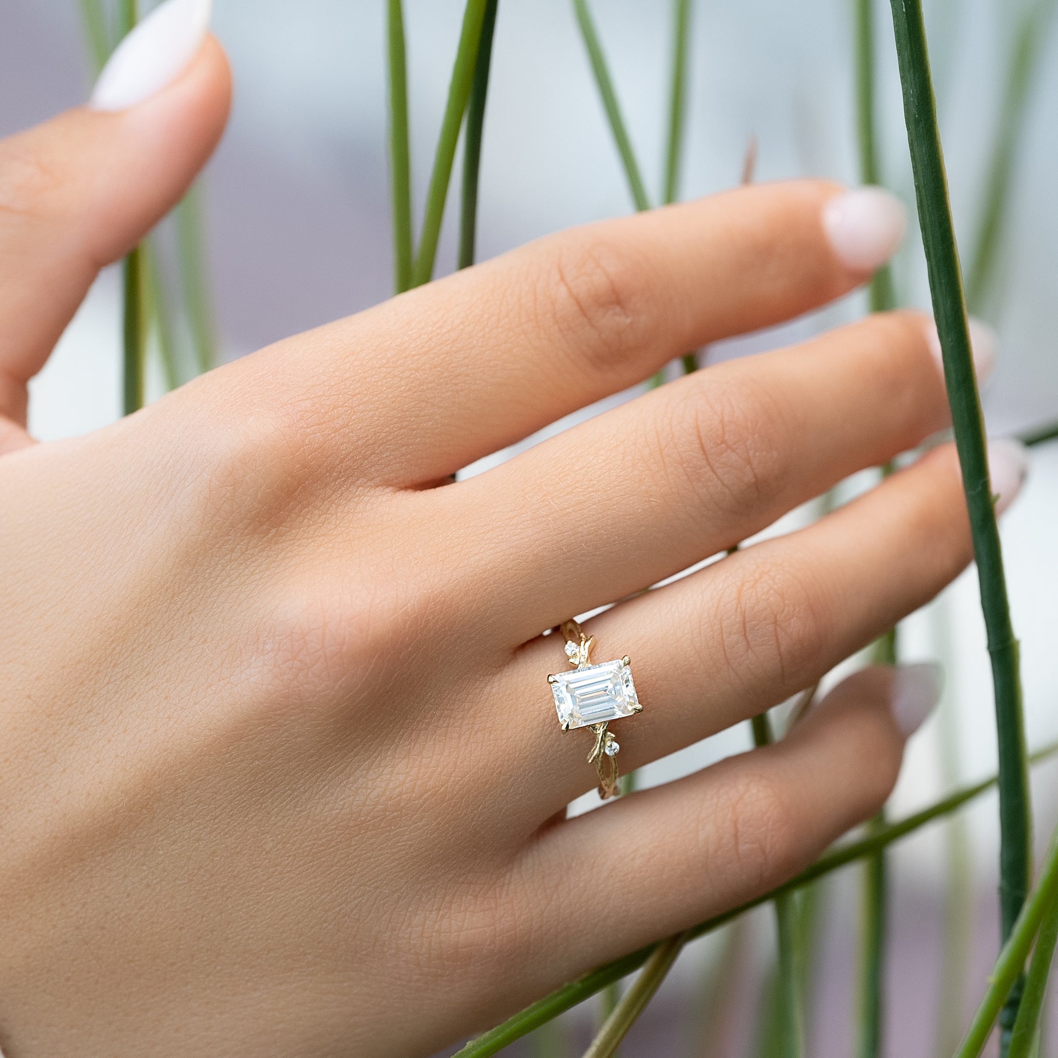 1.0 - 3.0 CT Emerald Cut Lab Grown Diamond Twig Setting Engagement Ring
