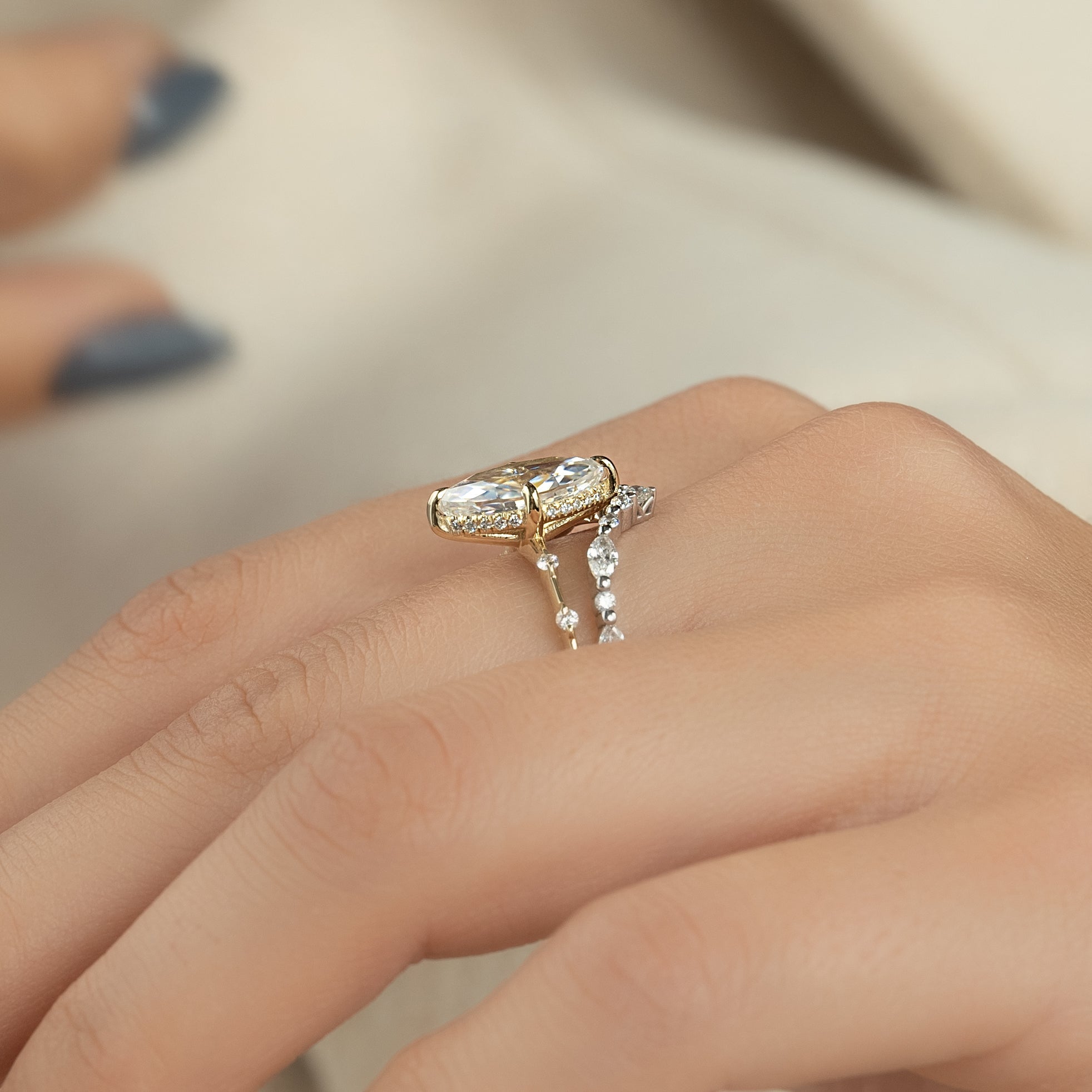 Marquise cut CVD diamond dainty engagement ring in white gold setting