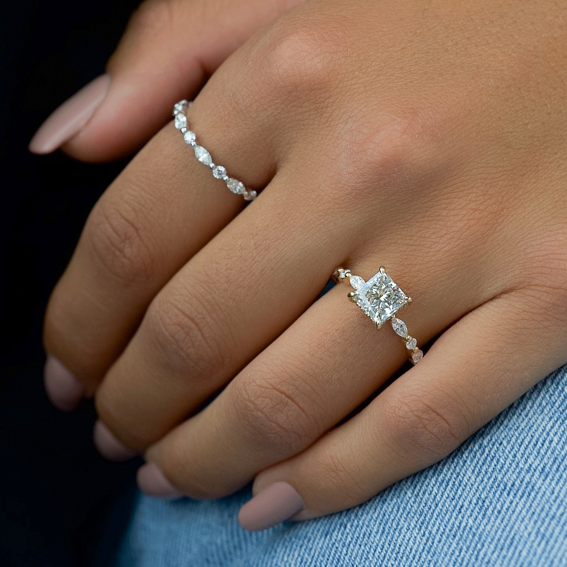 Princess cut CVD diamond engagement ring with hidden halo and pave diamond band in white gold