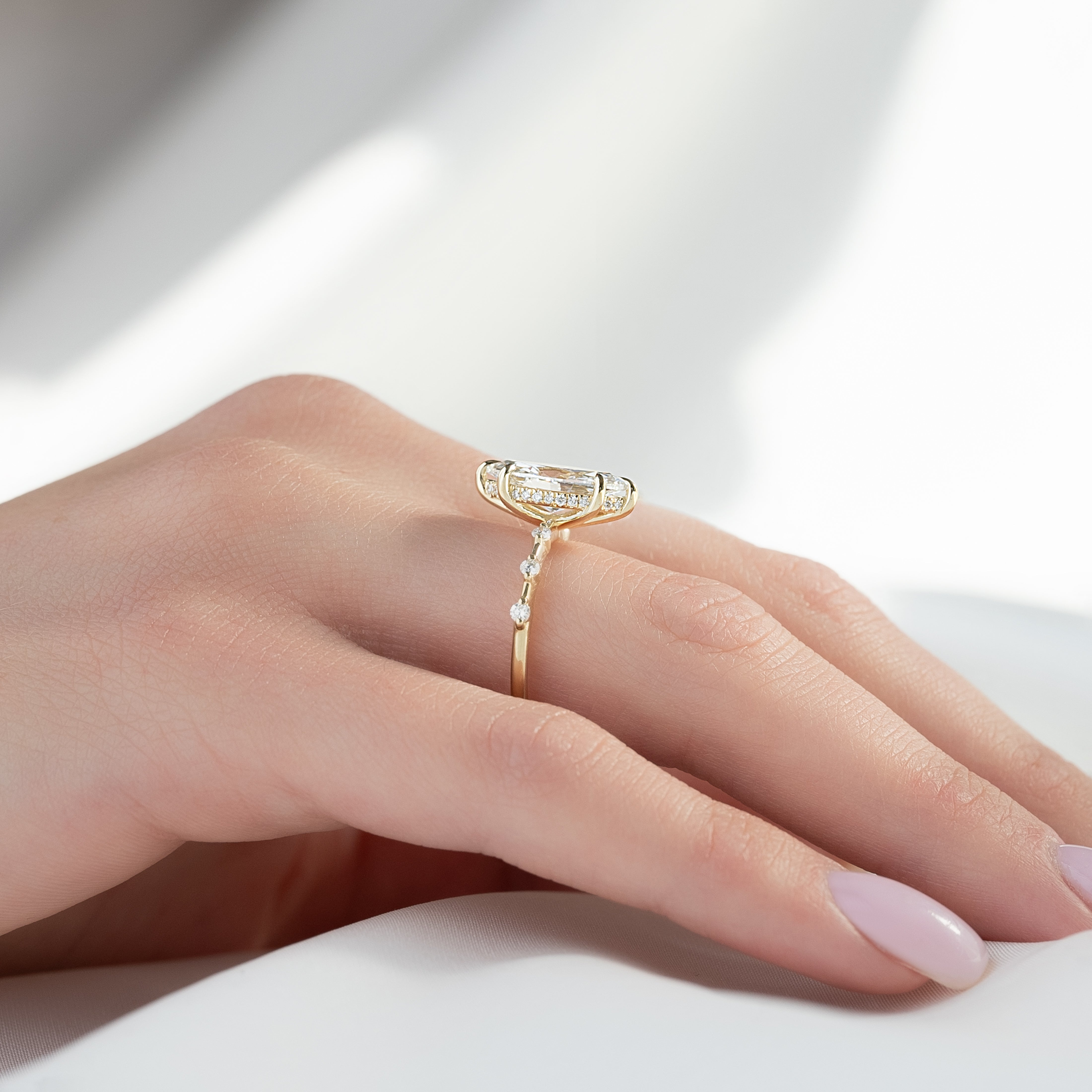 Marquise cut CVD diamond dainty engagement ring in white gold setting