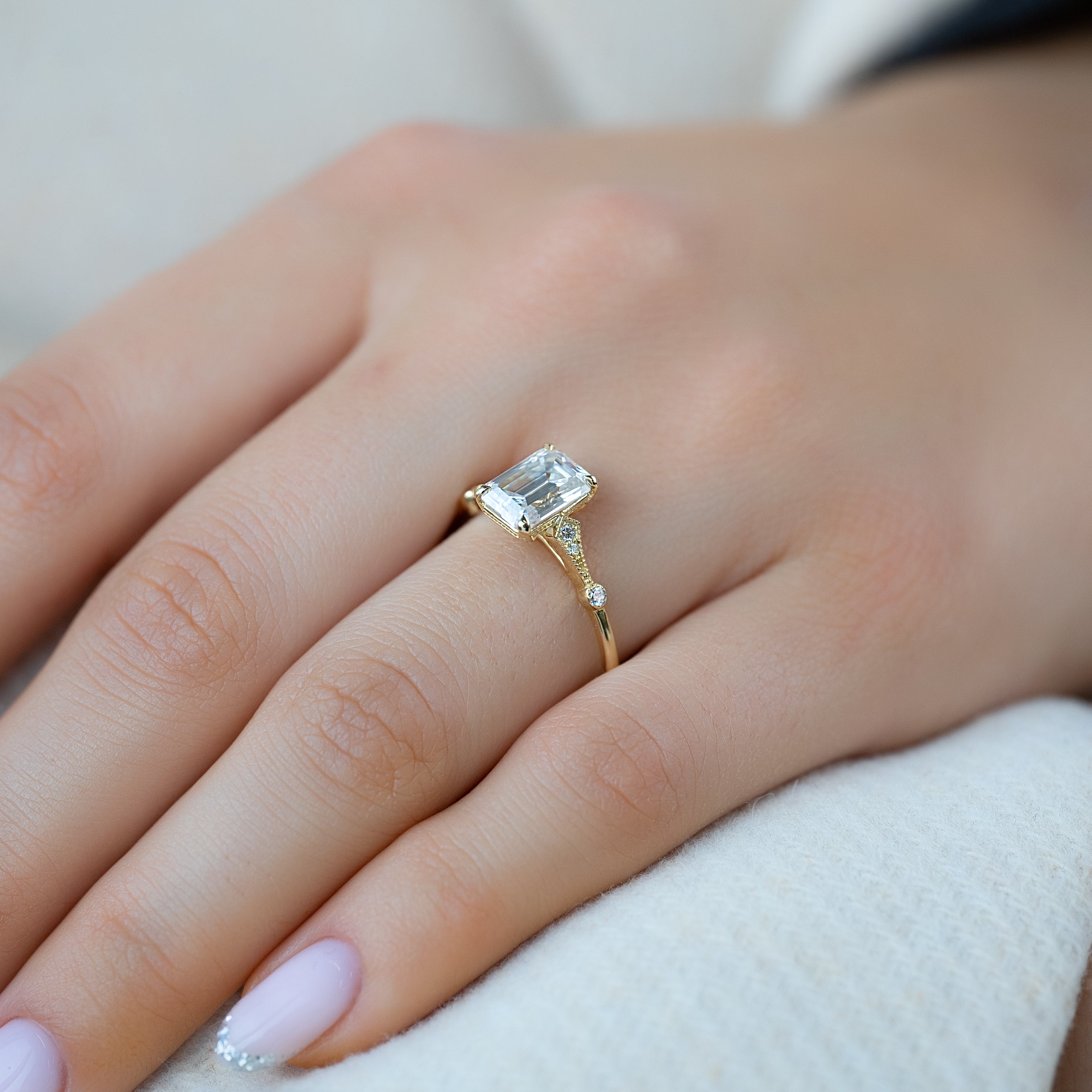 Emerald cut CVD diamond unique style engagement ring in white gold setting