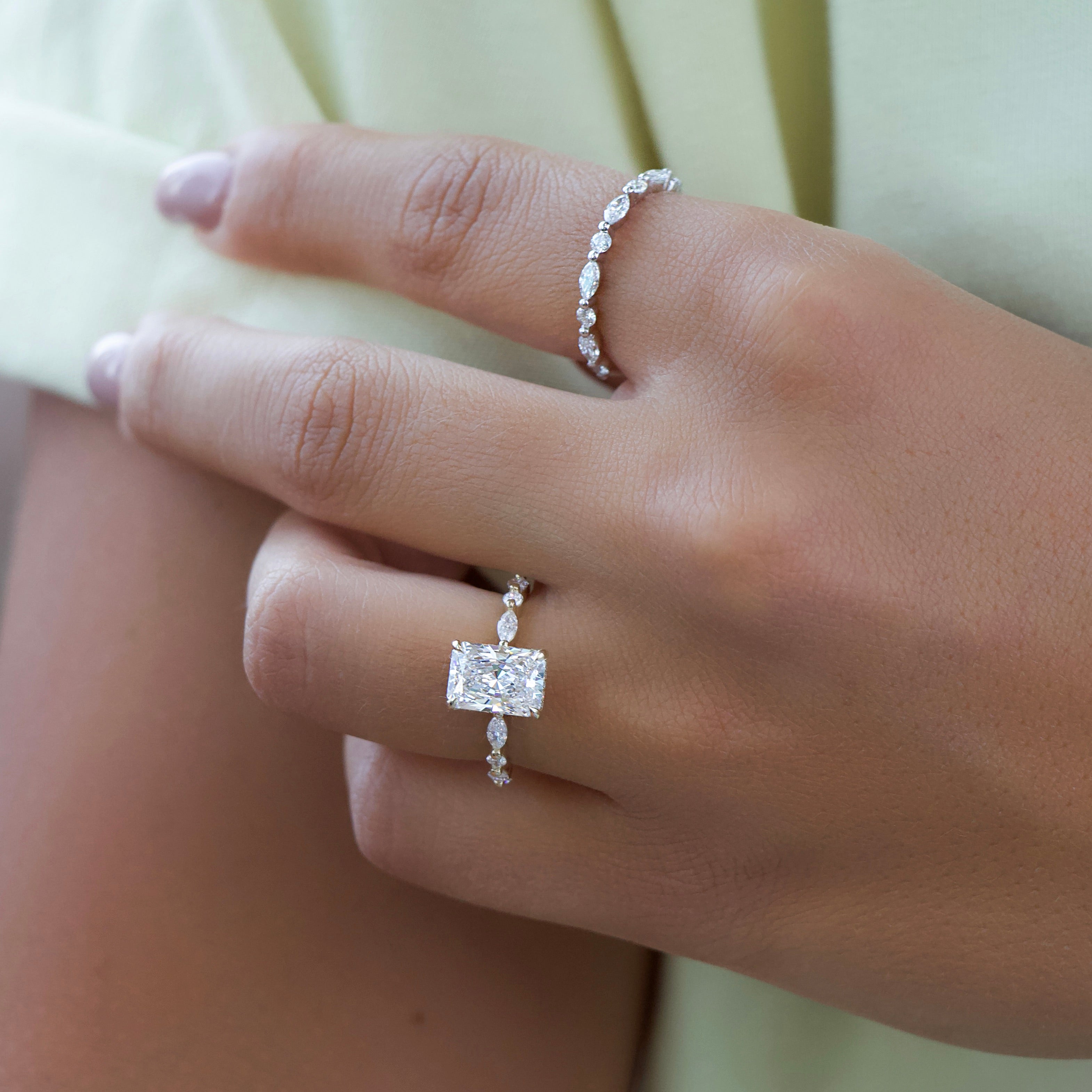 Radiant cut CVD diamond engagement ring with hidden halo and pave setting for a sparkling modern bridal style