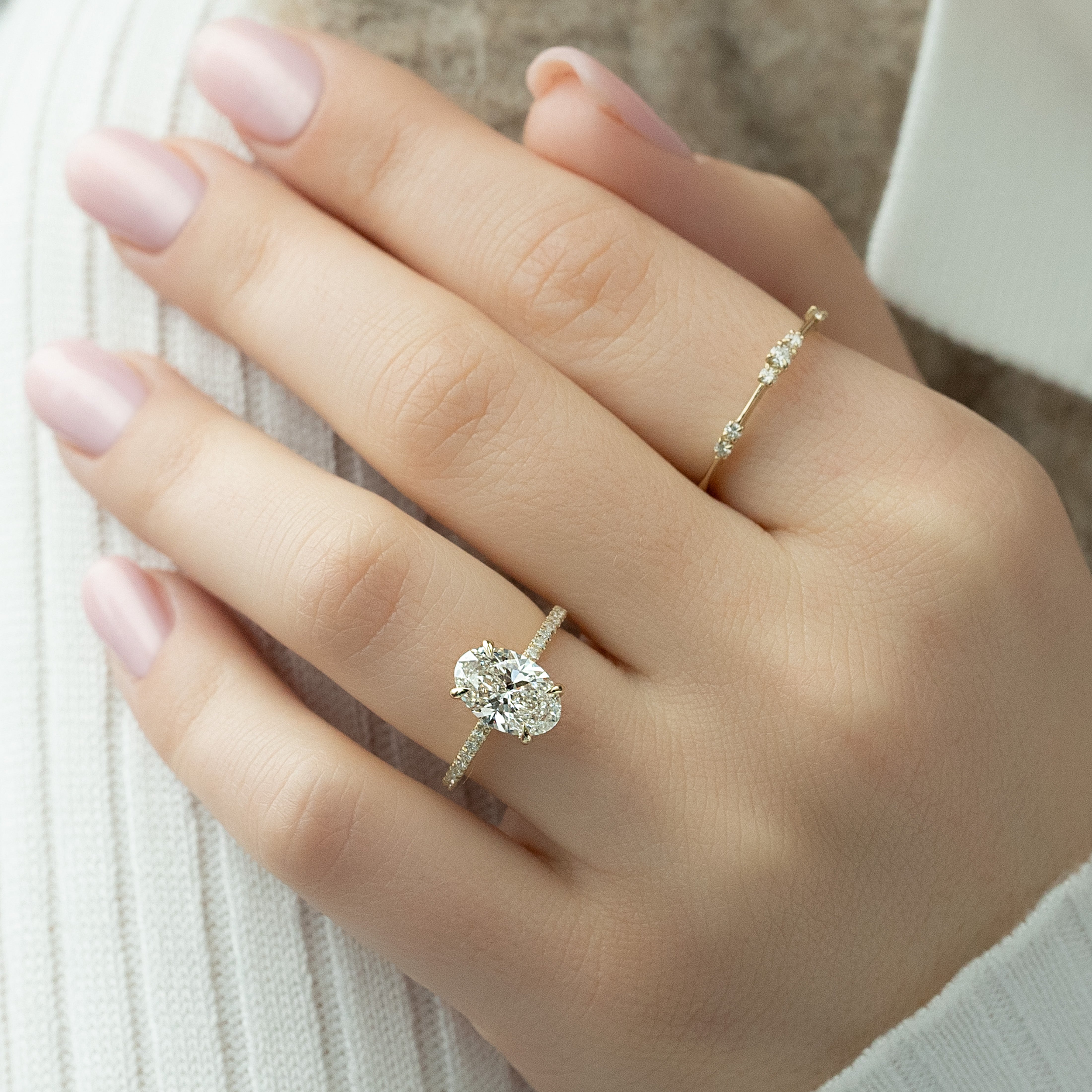 Oval cut CVD diamond pave engagement ring with slim diamond band in white gold