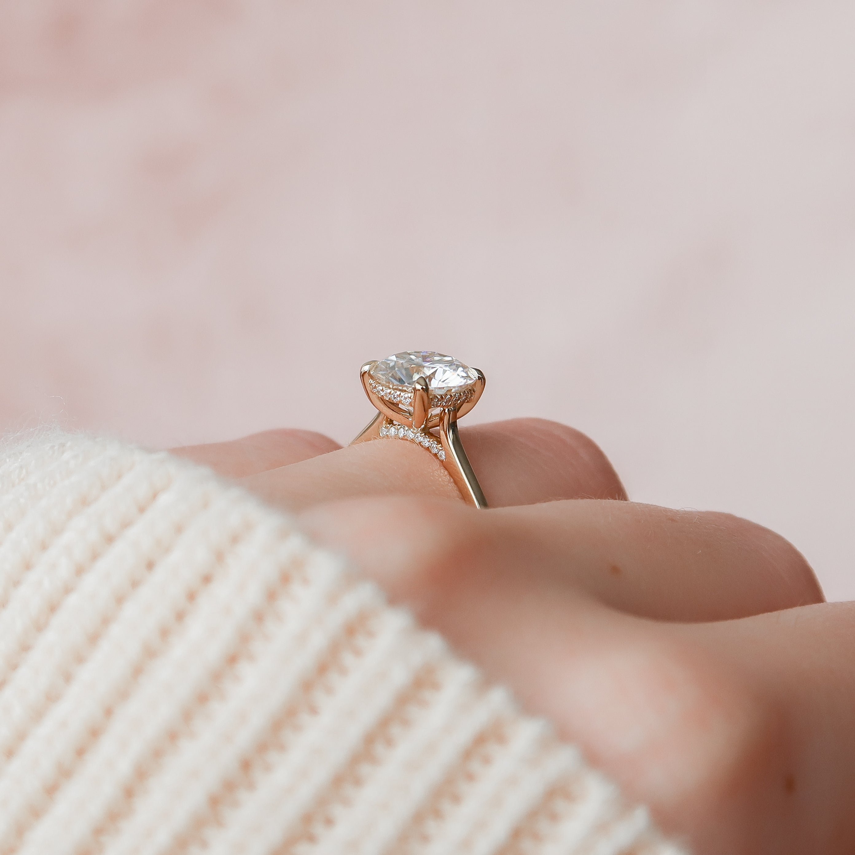 Round cut CVD diamond hidden halo engagement ring in white gold setting