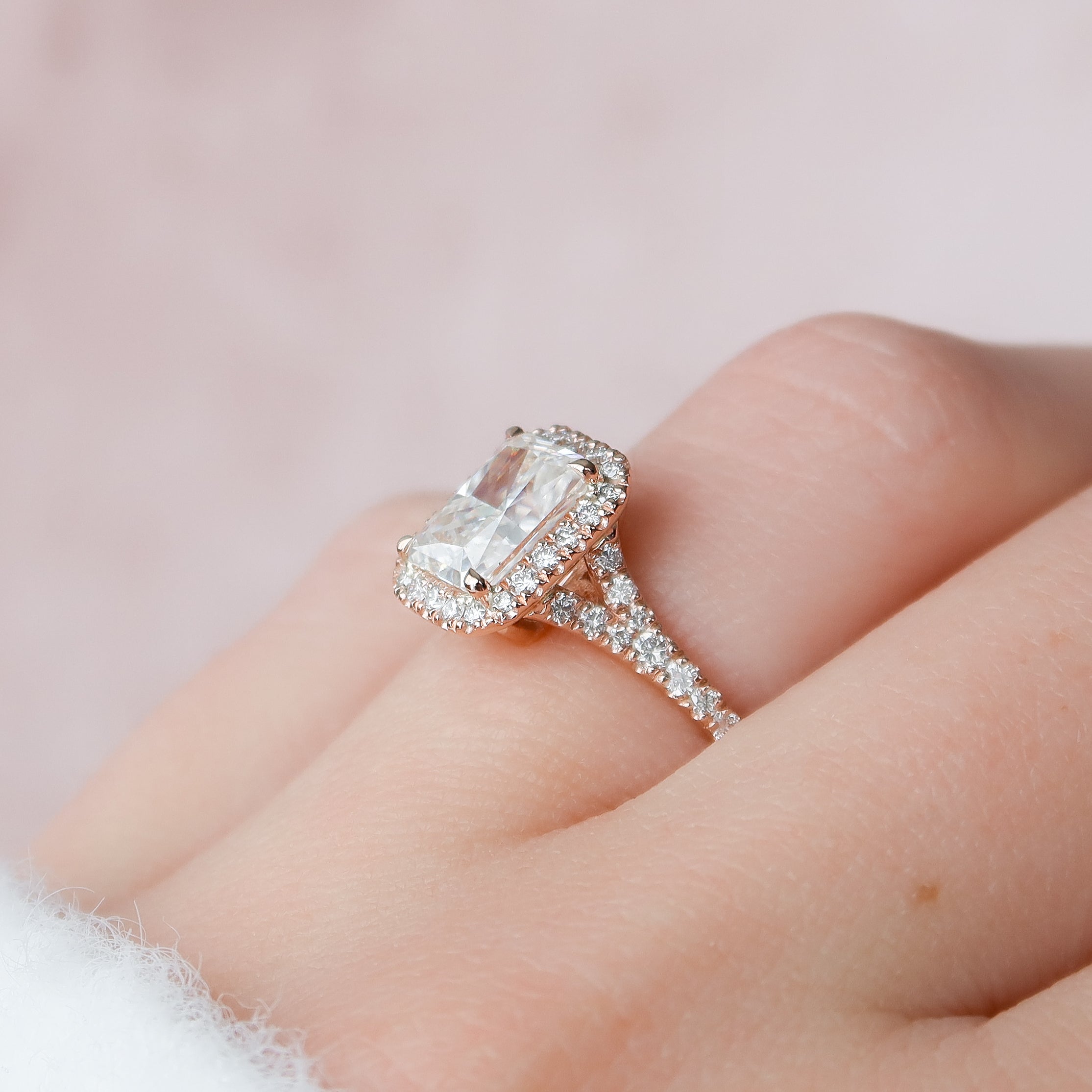 Radiant cut CVD diamond engagement ring with halo and split shank band, elegant bridal jewelry design