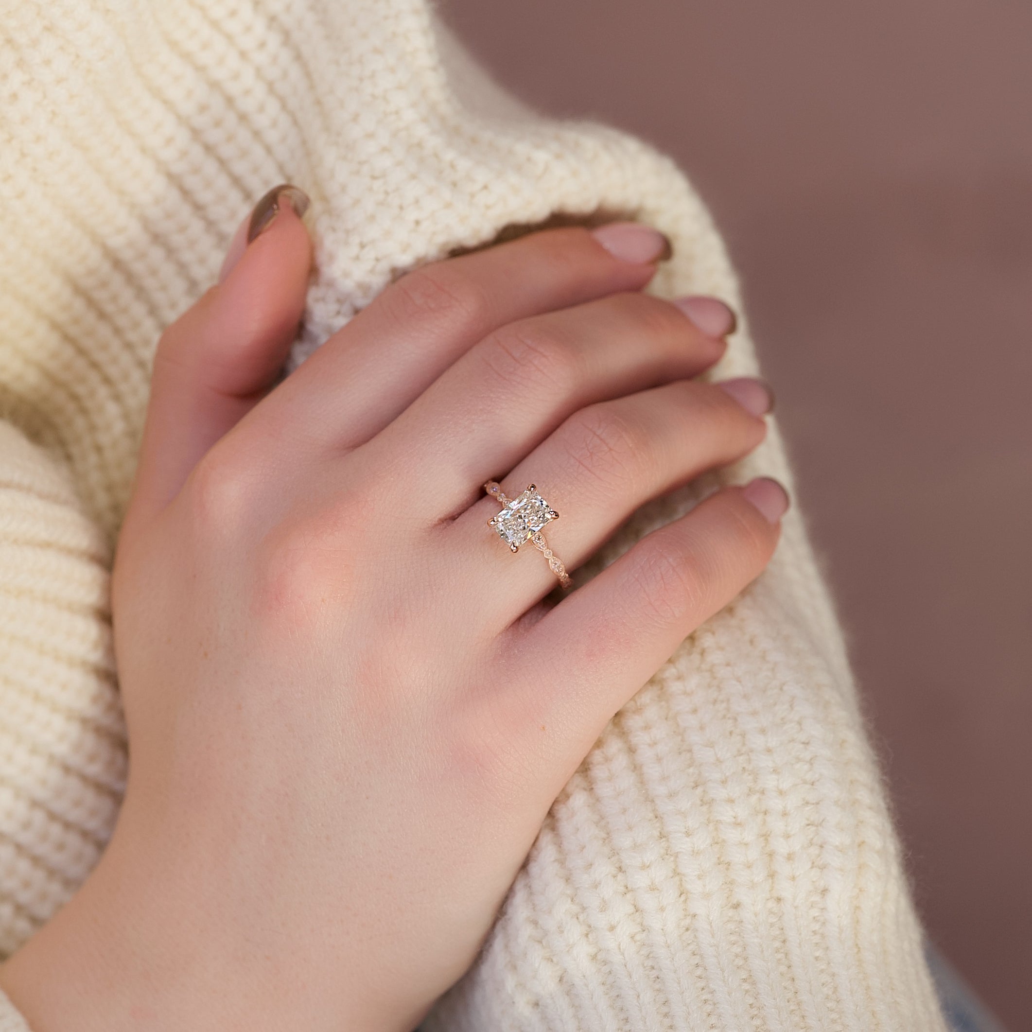 Radiant cut CVD diamond vintage style engagement ring with detailed band design