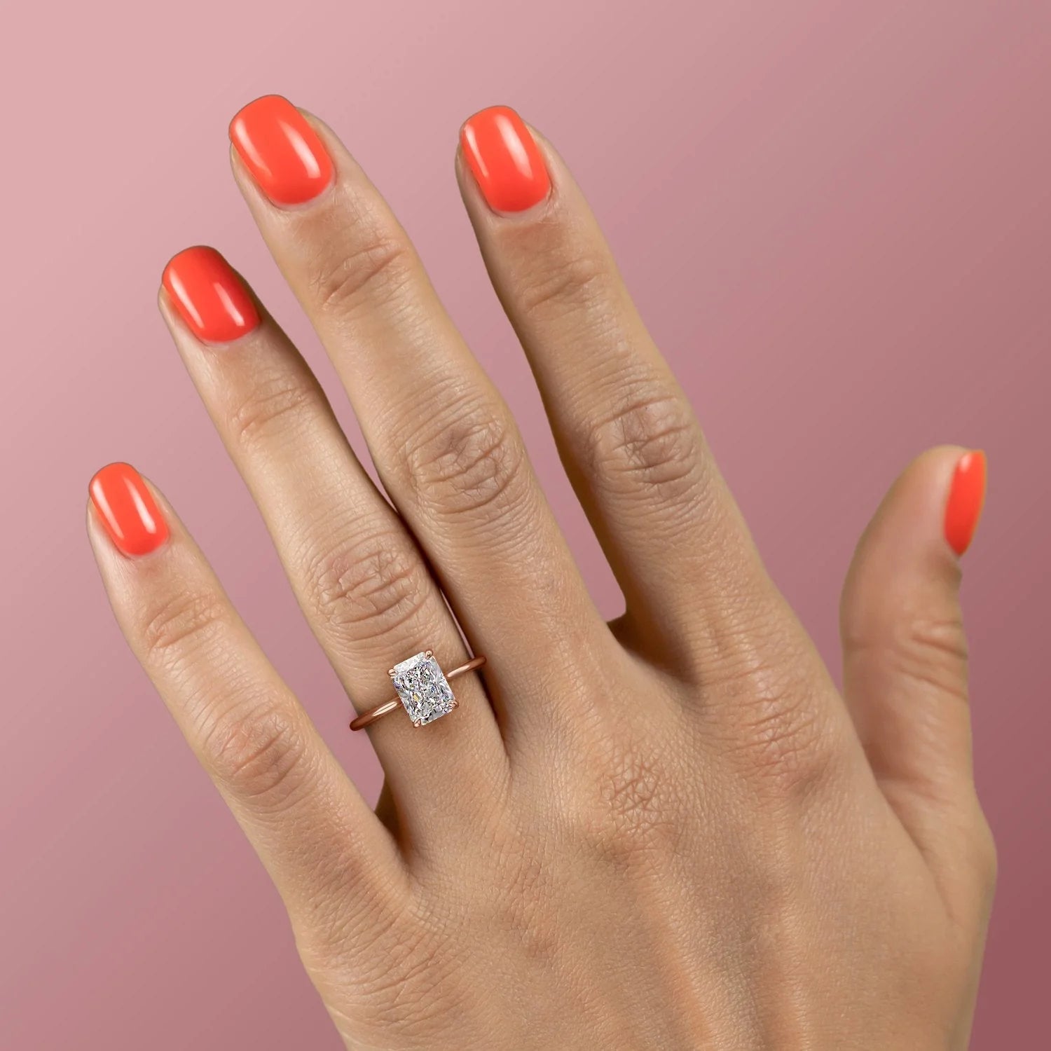 Radiant cut CVD diamond engagement ring with hidden halo detail in white gold setting