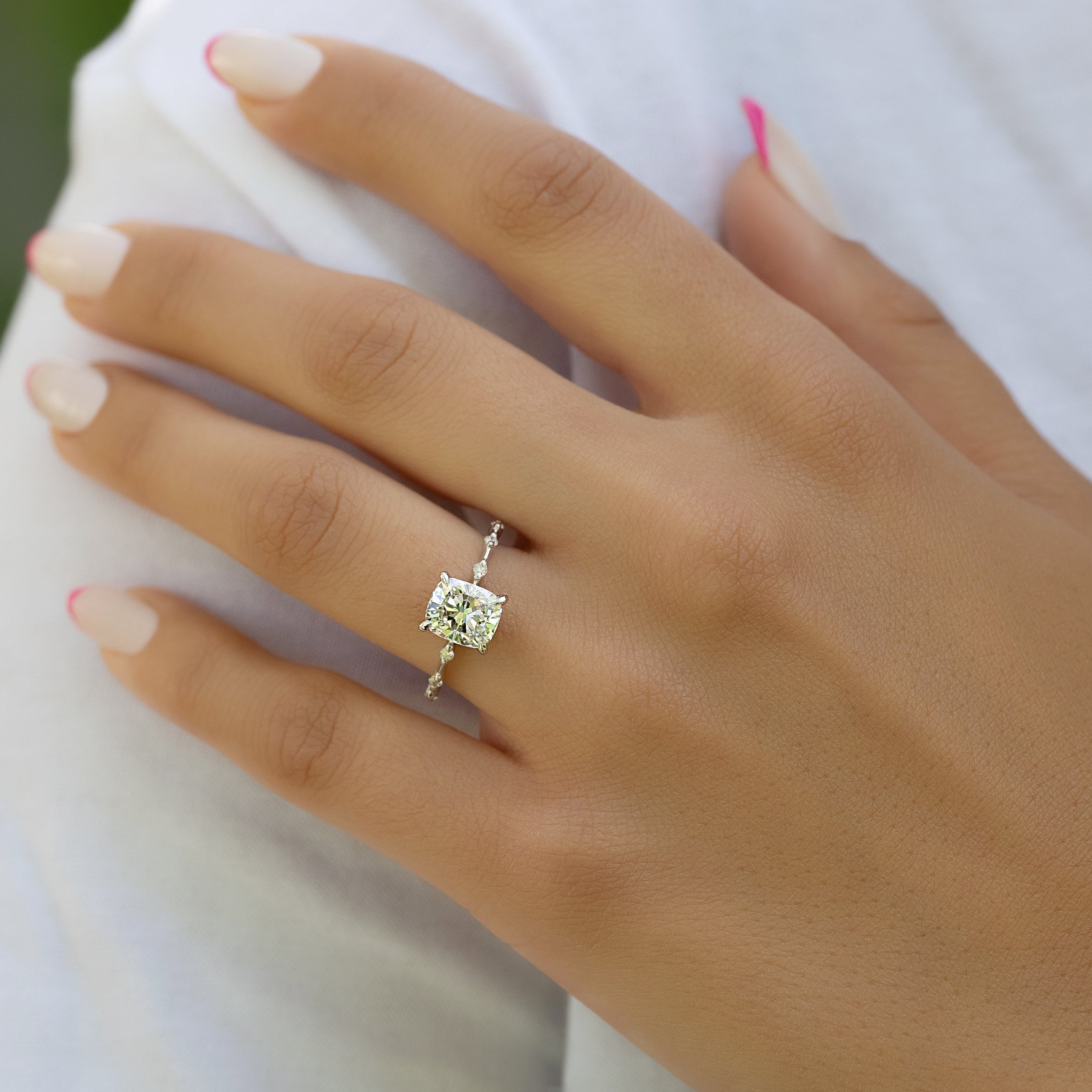 Elongated cushion cut CVD diamond dainty engagement ring with delicate band