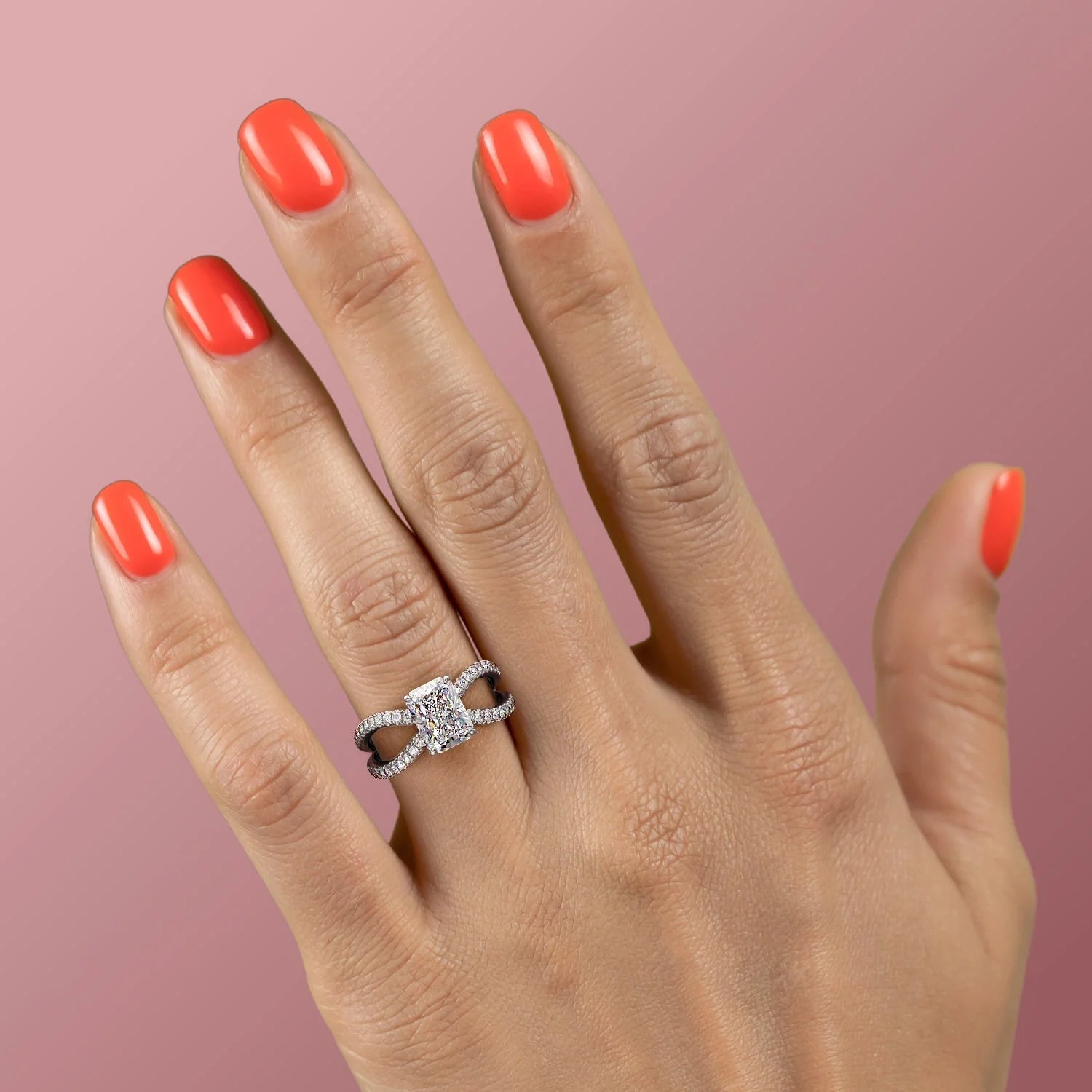 2.0 - 4.0 CT Radiant Cut Lab Grown Diamond Twisted & Hidden Halo Style Engagement Ring