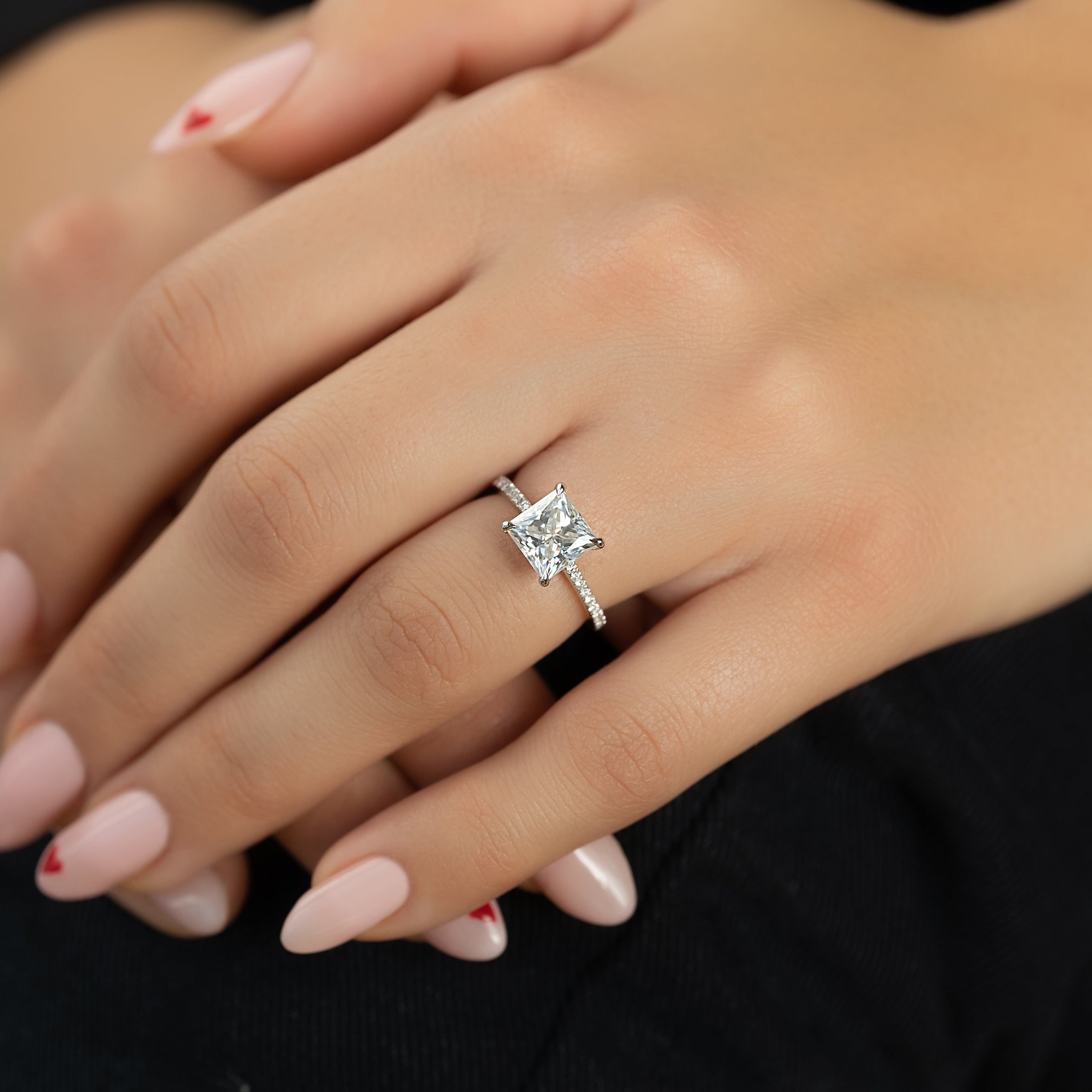 1.0 - 3.0 CT Princess Cut Lab Grown Diamond Pave Lined Band Engagement Ring