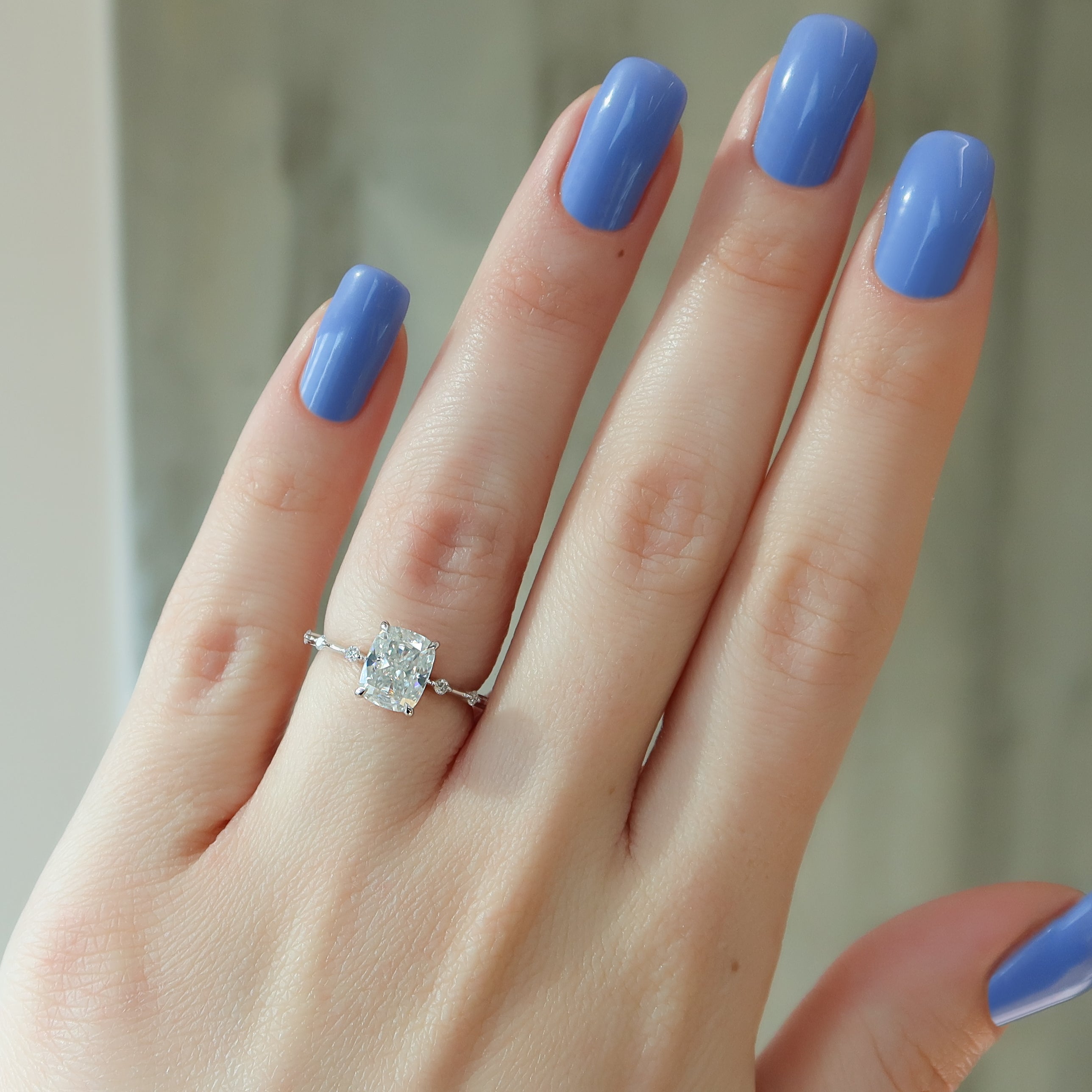 Elongated cushion cut CVD diamond dainty engagement ring with hidden halo setting