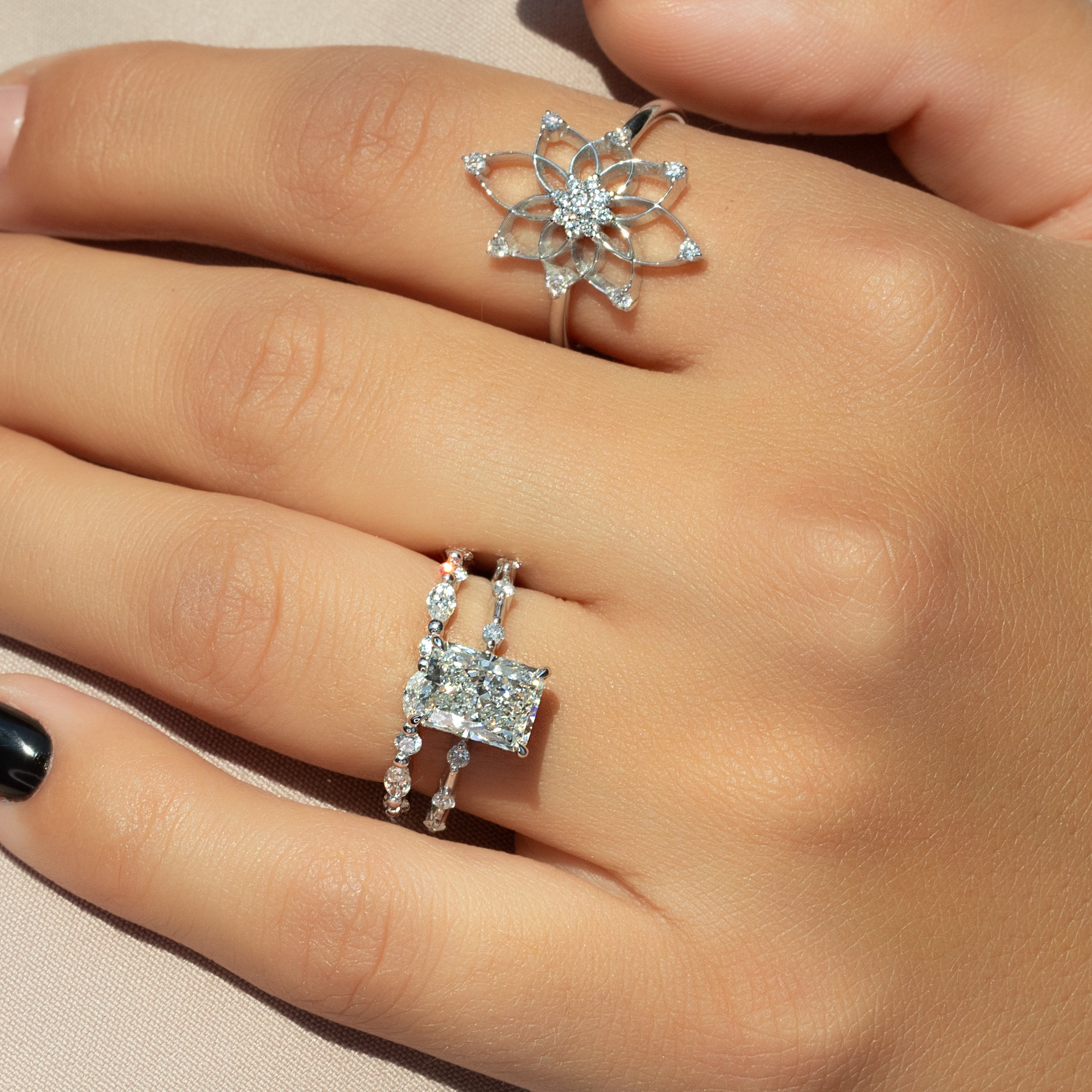 Radiant cut CVD diamond engagement ring with hidden halo in dainty platinum setting