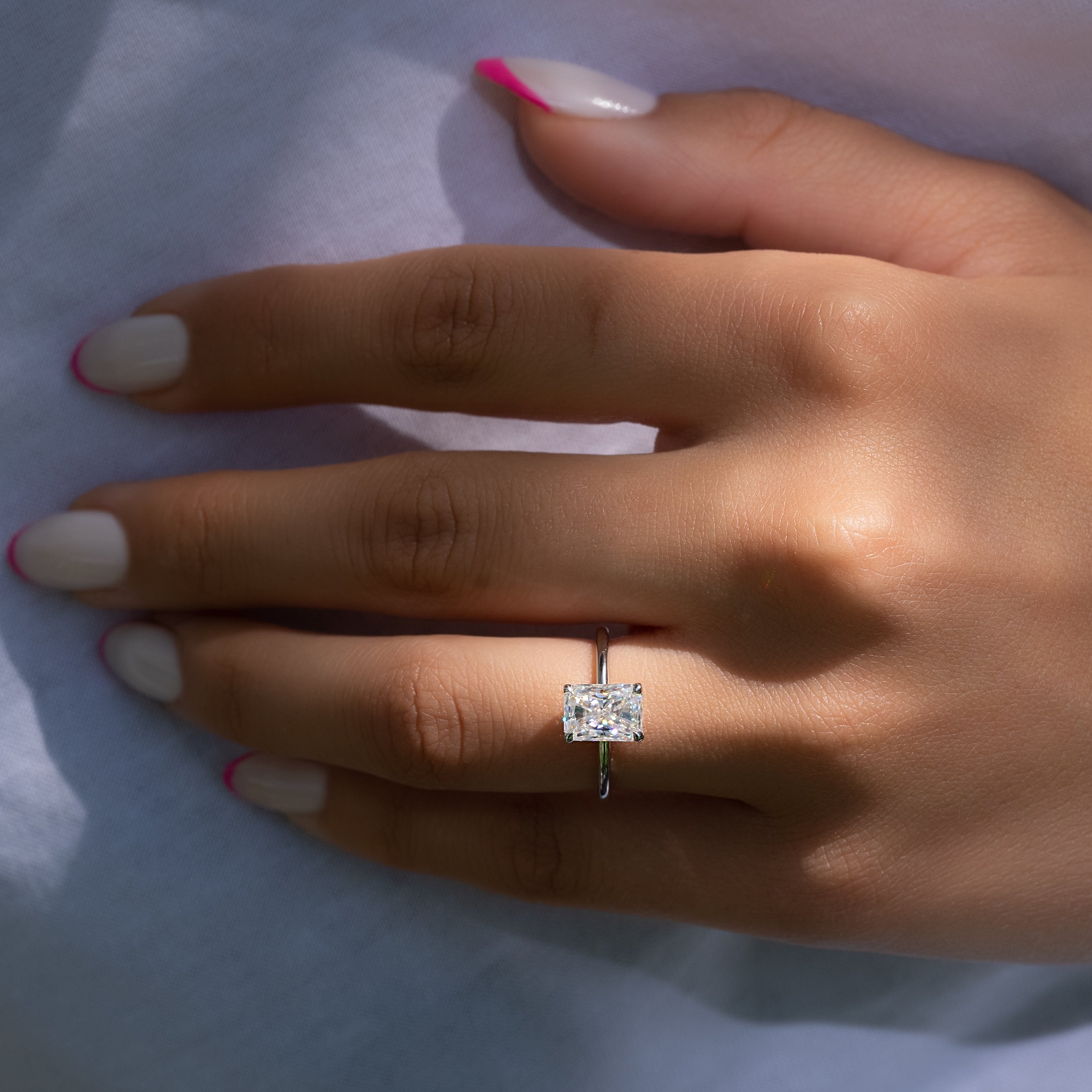 Radiant cut CVD diamond solitaire engagement ring in white gold setting