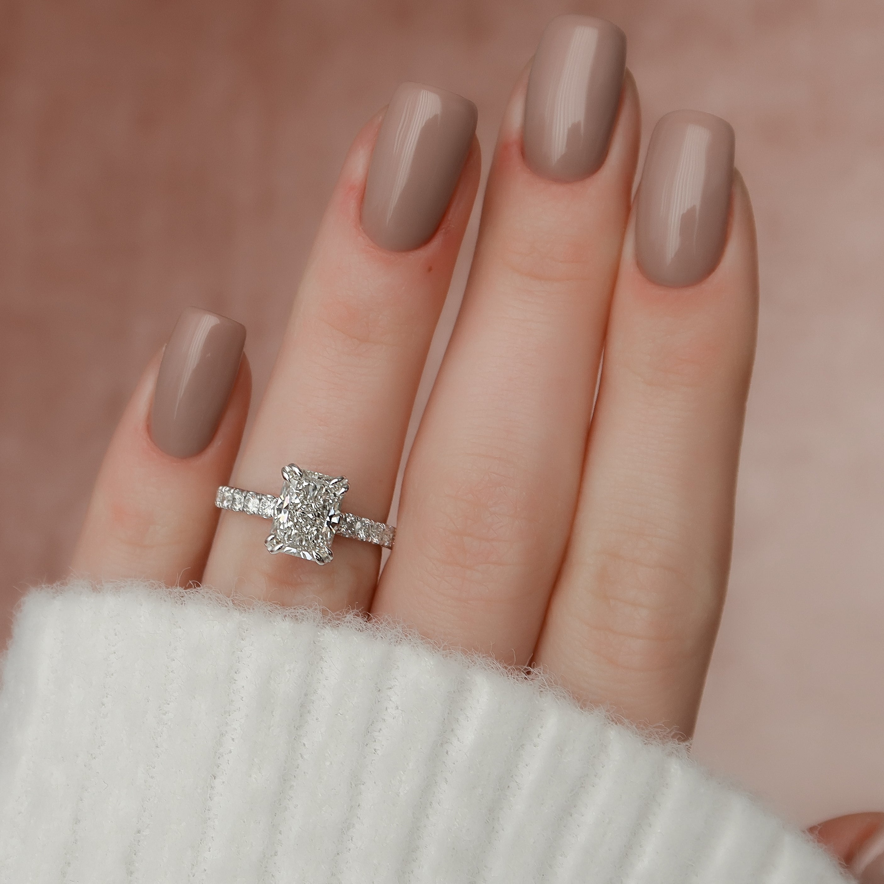 Radiant cut CVD diamond engagement ring with hidden halo and pave setting