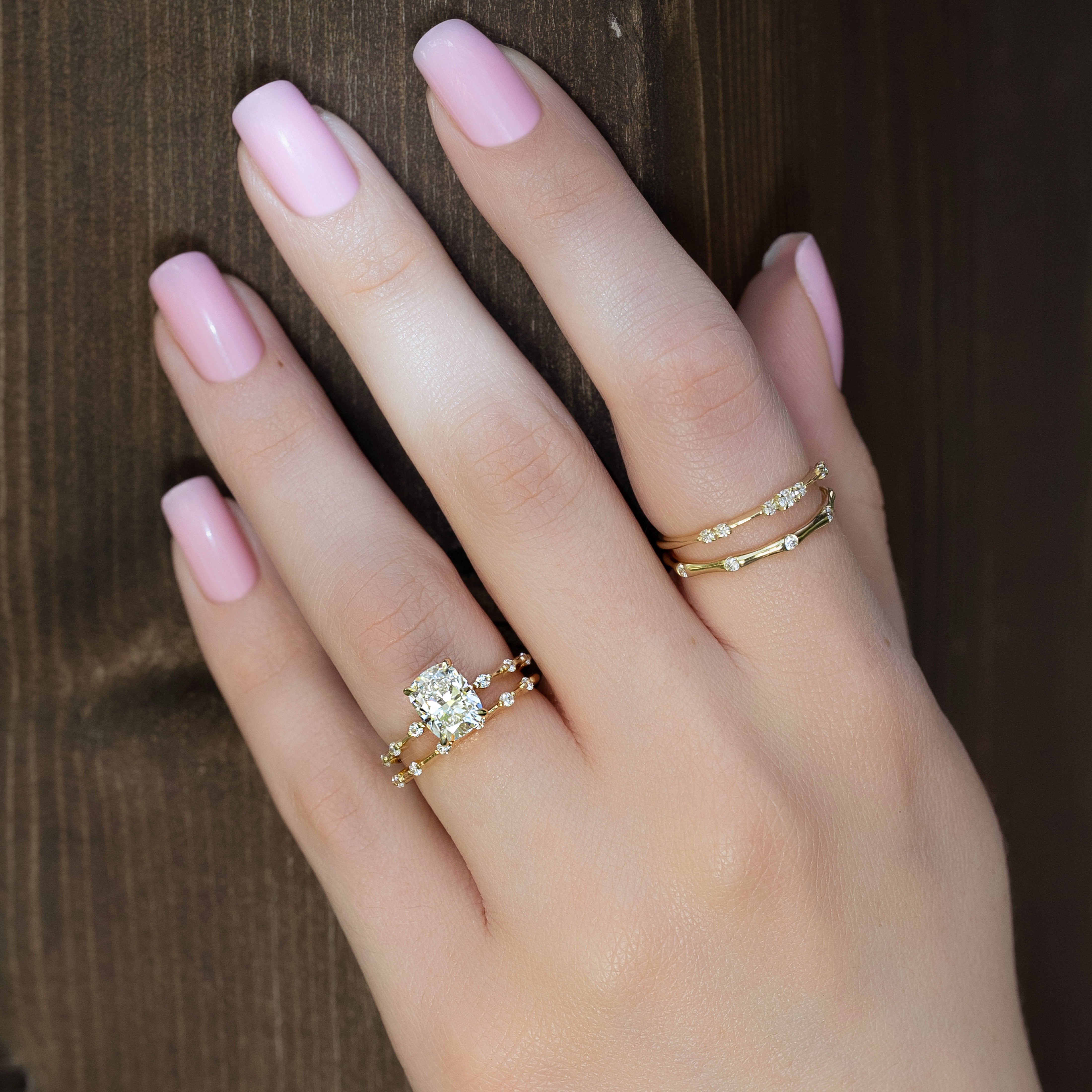 Elongated cushion cut CVD diamond dainty engagement ring with delicate band