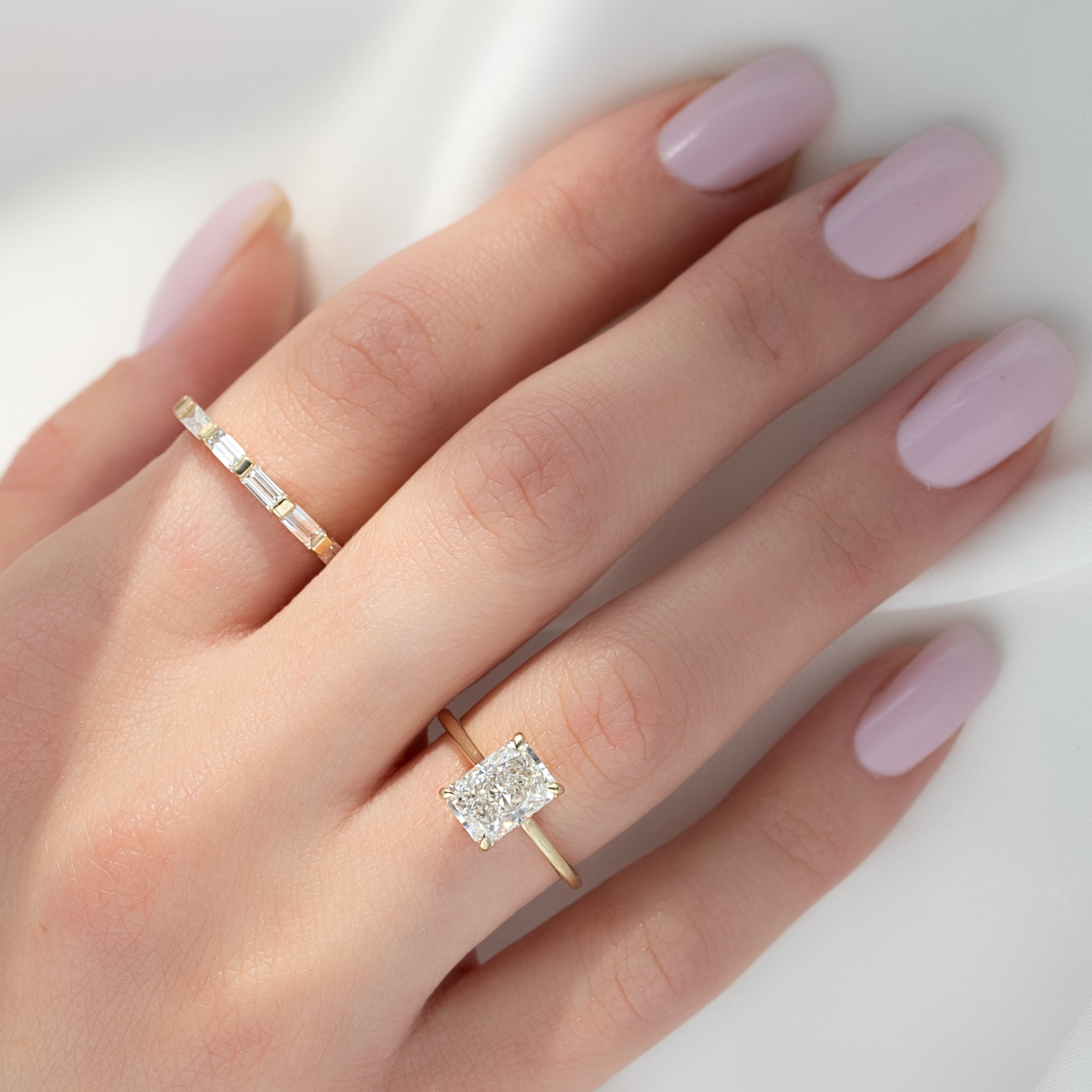 Radiant cut CVD diamond engagement ring with hidden halo detail in white gold setting