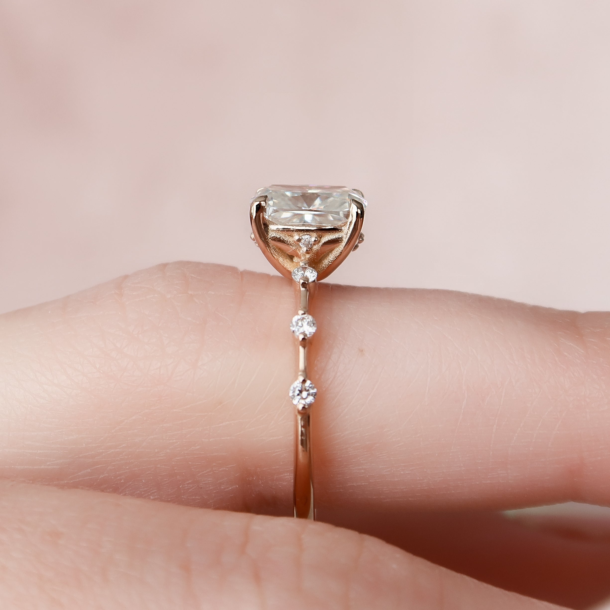 Elongated cushion cut CVD diamond dainty engagement ring with delicate band