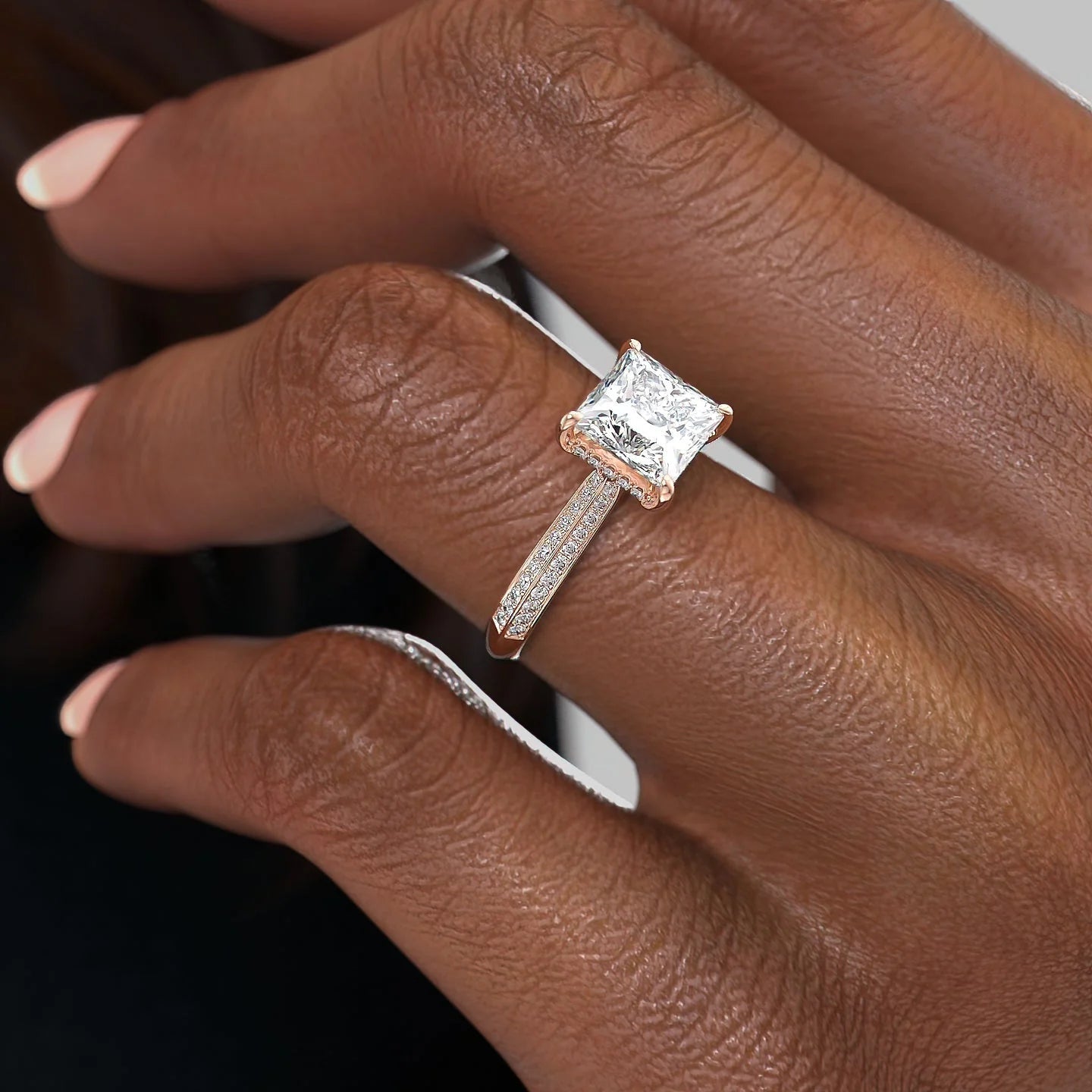 1.0 - 3.0 CT Princess Cut Lab Grown Diamond Hidden Halo & Pave Style Engagement Ring