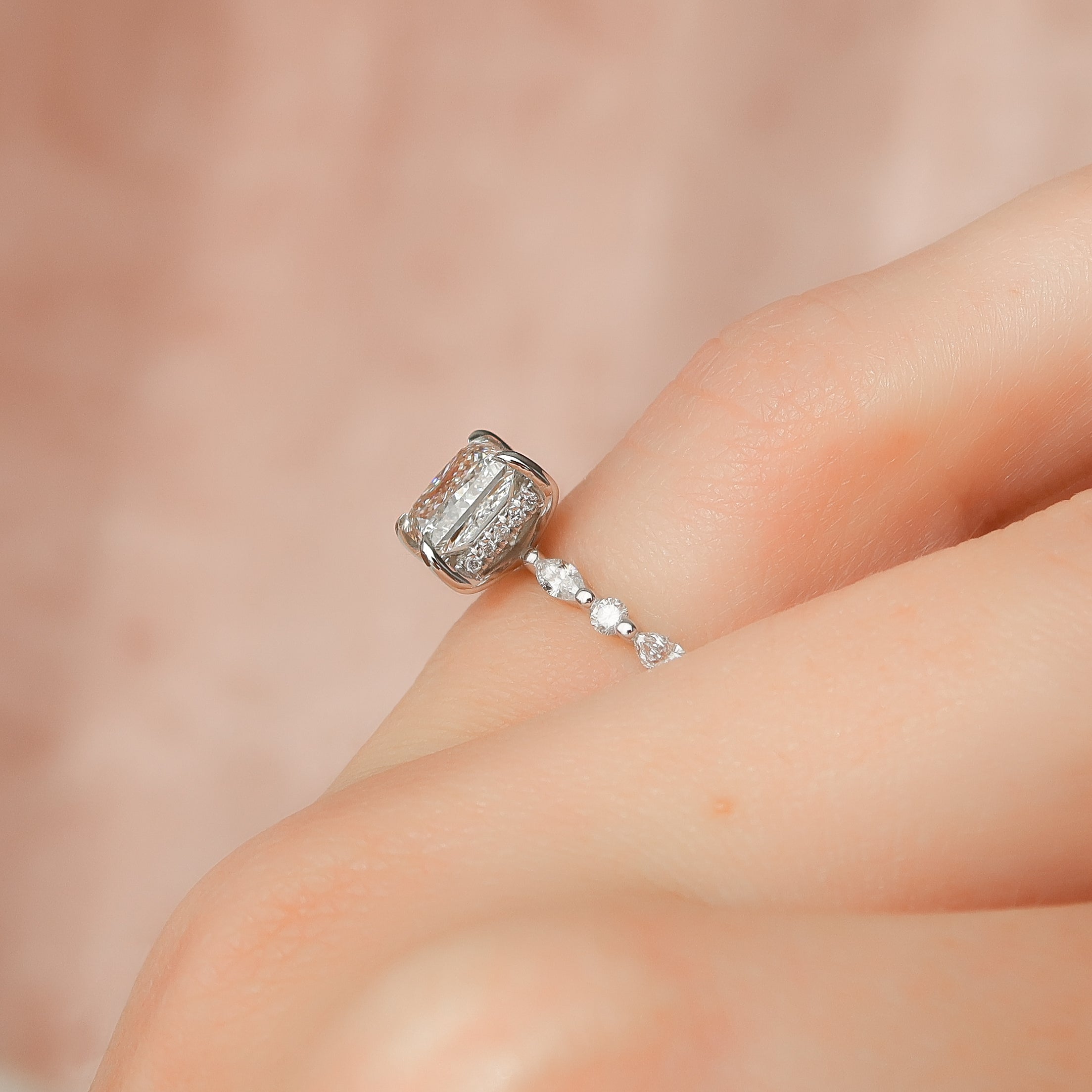 Princess cut CVD diamond engagement ring with hidden halo and pave diamond band in white gold