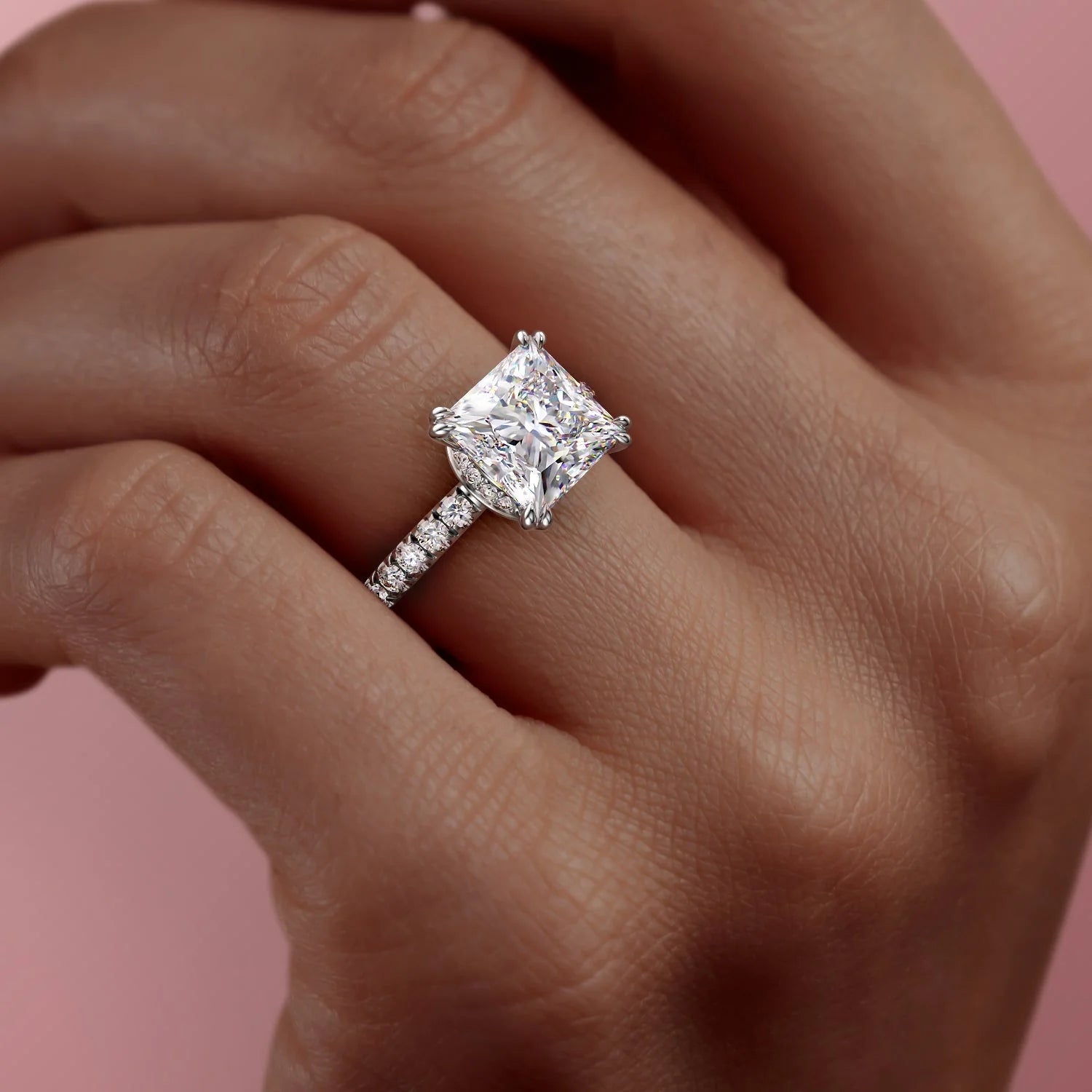 1.0 - 3.0 CT Princess Cut  Lab Grown Diamond Unique Hidden Halo & Pave Style Engagement Ring