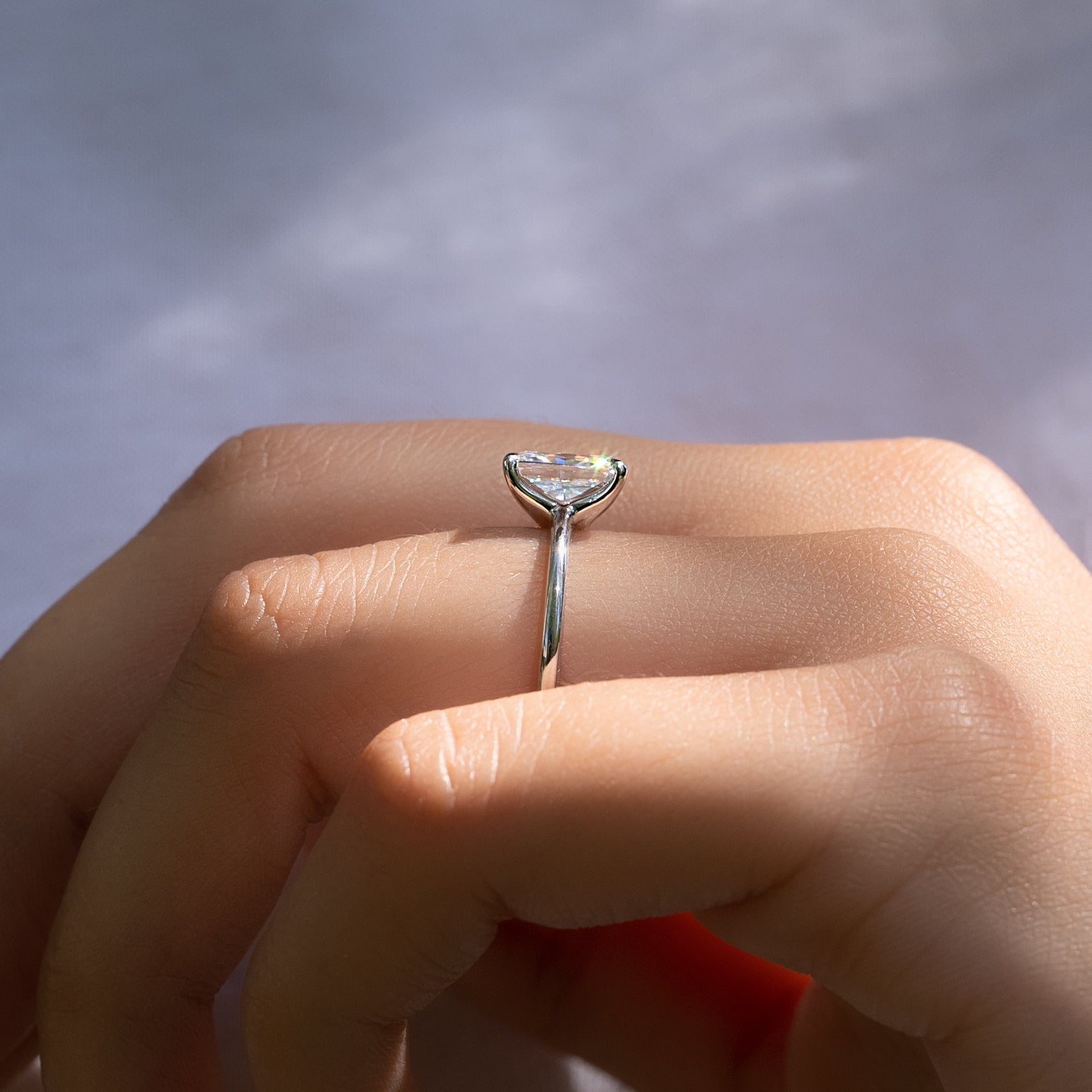 Radiant cut CVD diamond solitaire engagement ring in white gold setting