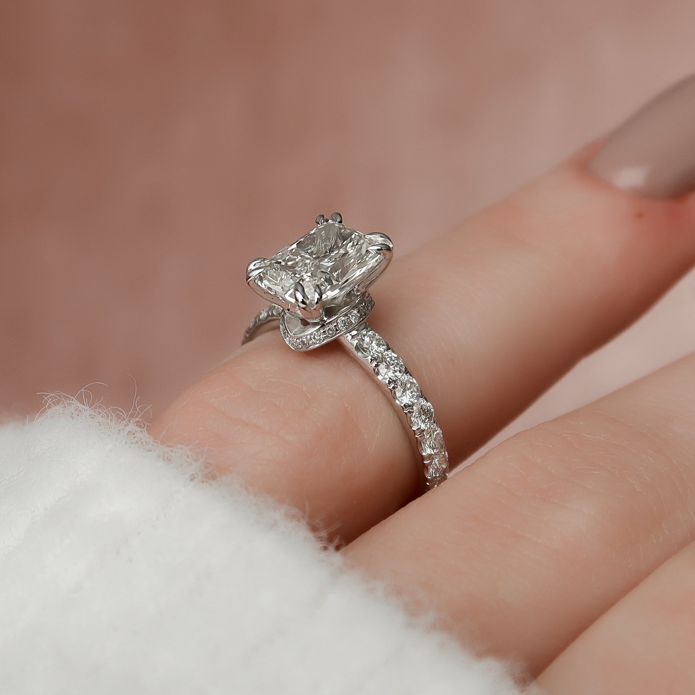 Radiant cut CVD diamond engagement ring with hidden halo and pave setting