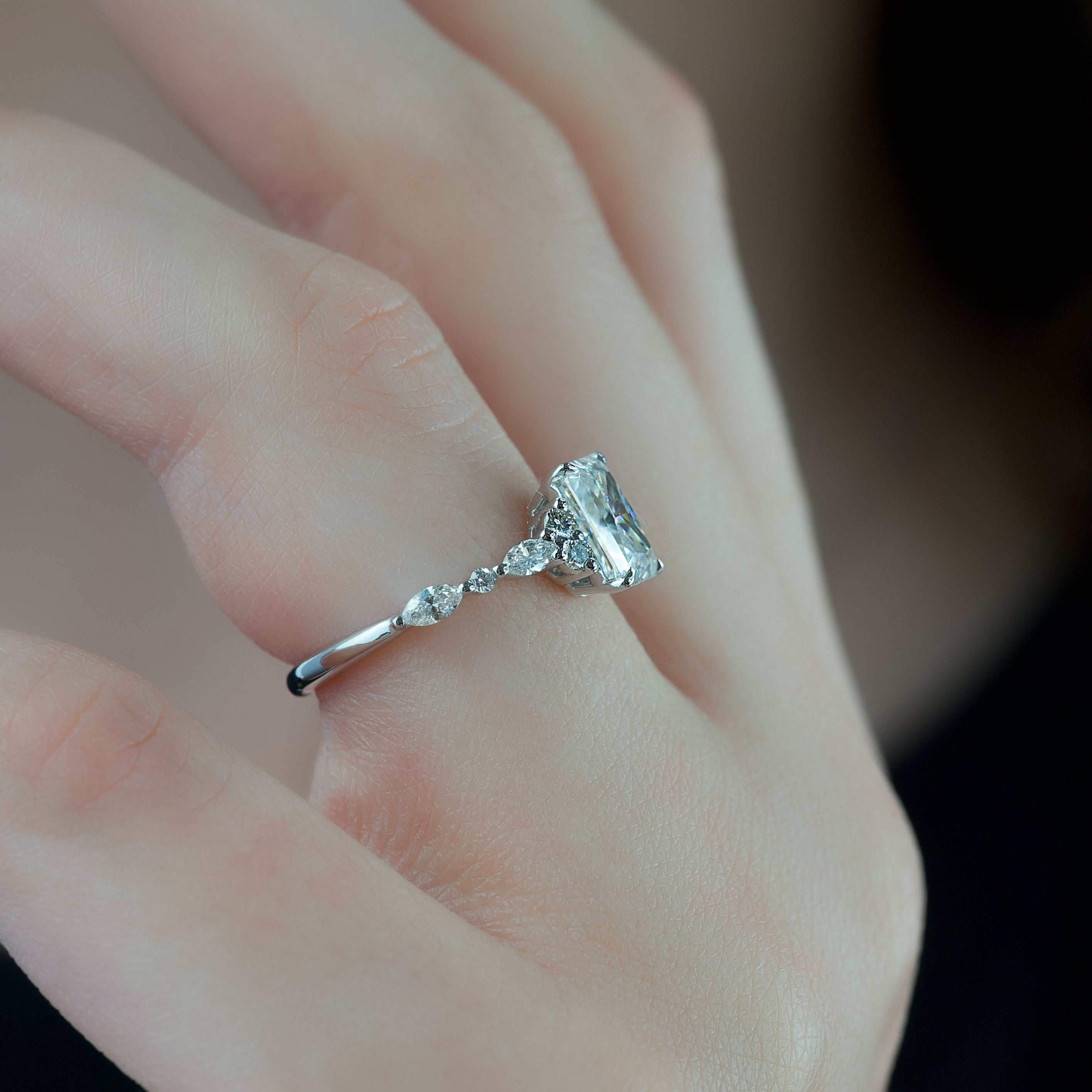 Radiant cut CVD diamond cluster engagement ring with timeless sparkle