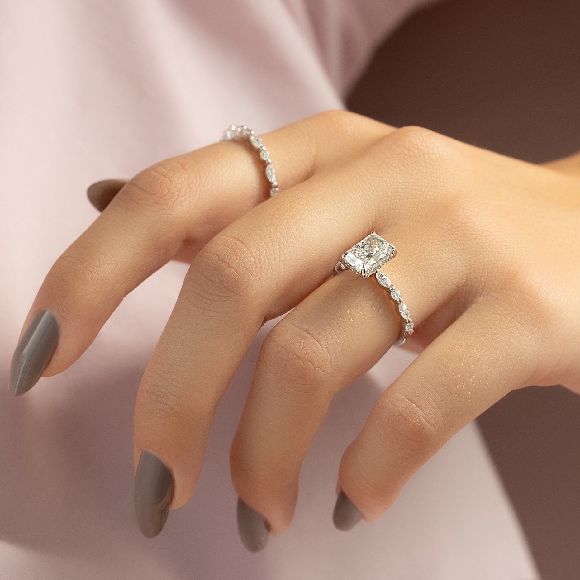 Radiant cut CVD diamond engagement ring with hidden halo and pave setting for a sparkling modern bridal style
