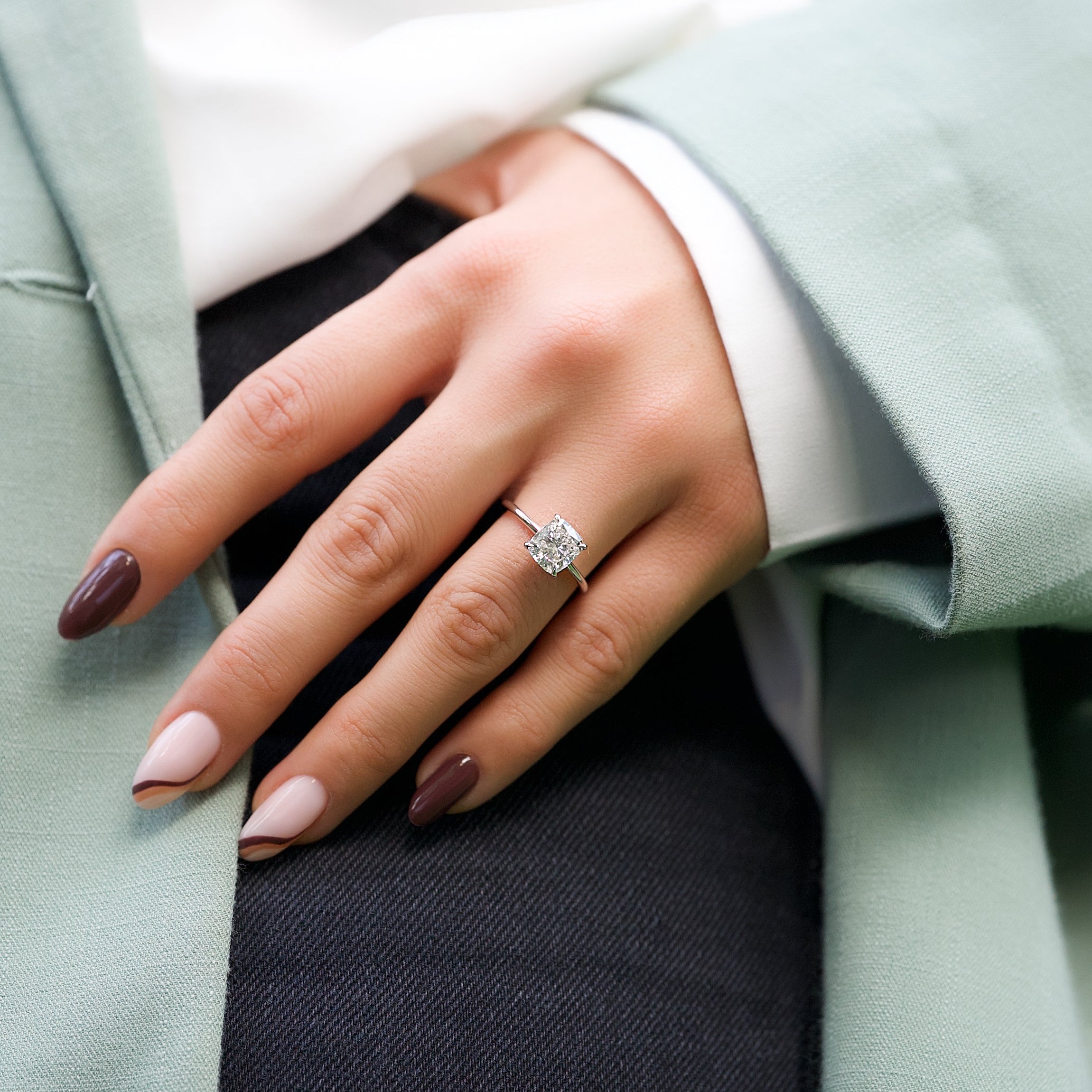 Elongated cushion cut CVD diamond engagement ring with hidden halo setting in white gold