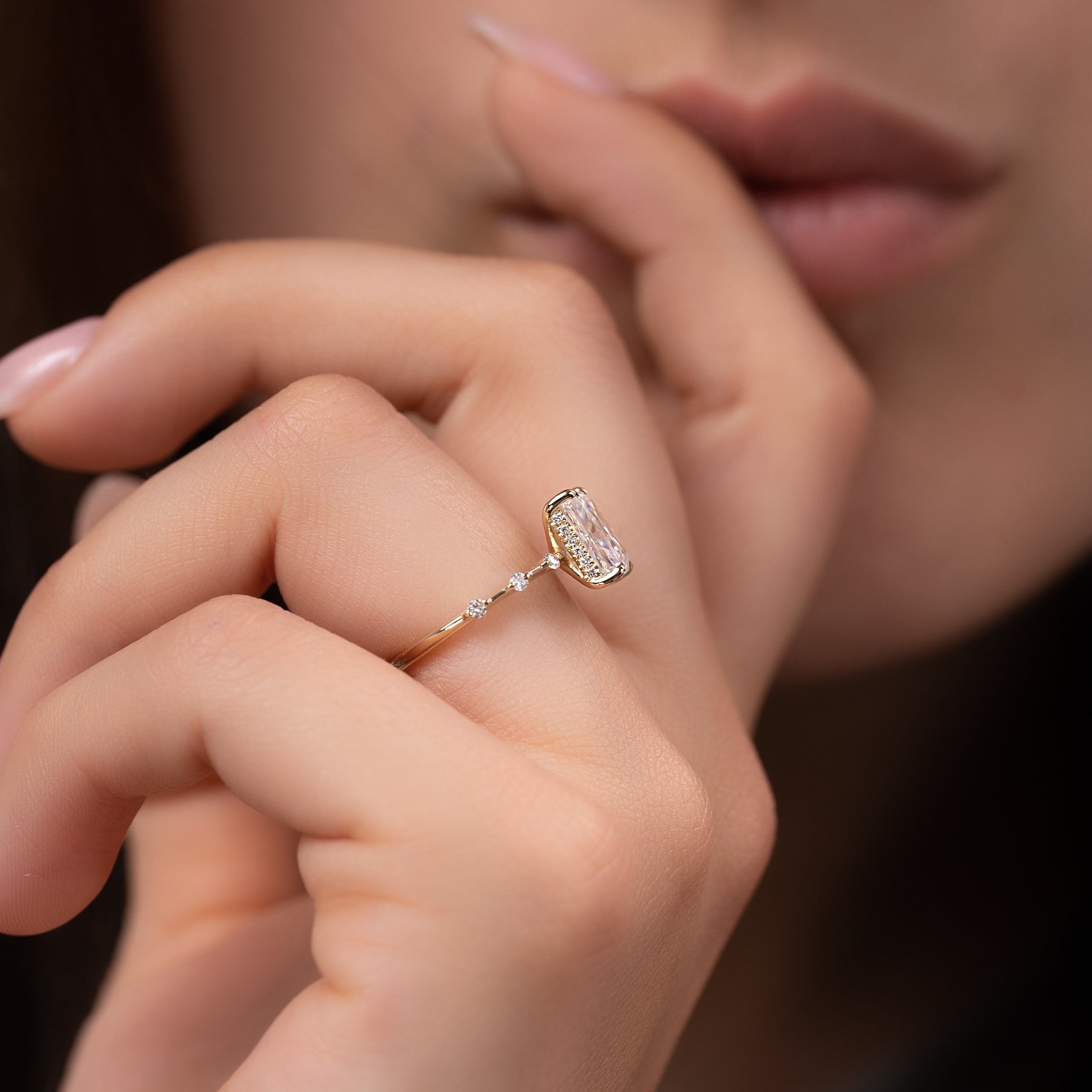 Radiant cut CVD diamond engagement ring with hidden halo in dainty platinum setting