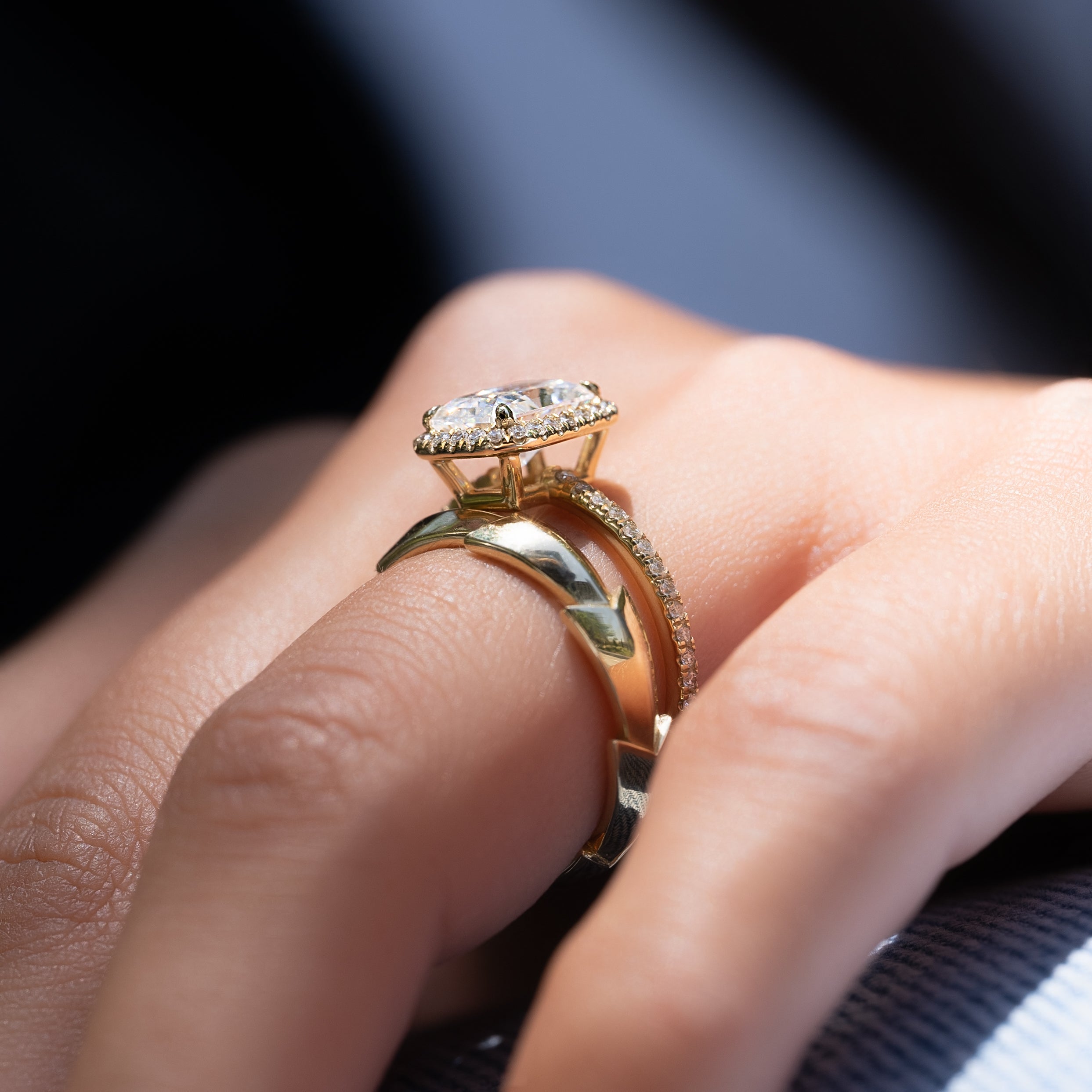 Radiant cut moissanite engagement ring with halo and pave band in platinum setting, 2.0-4.0 CT