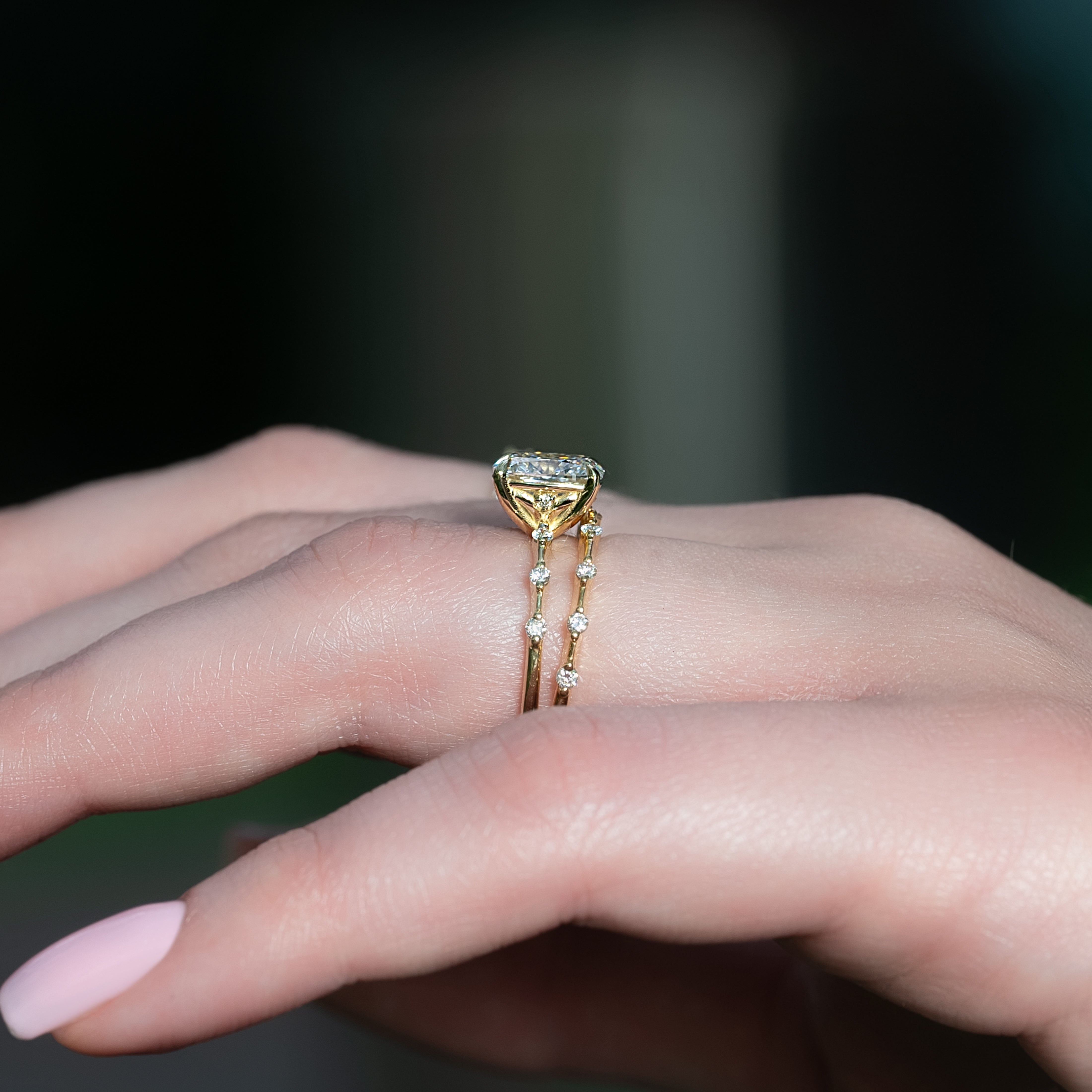 Elongated cushion cut CVD diamond dainty engagement ring with delicate band