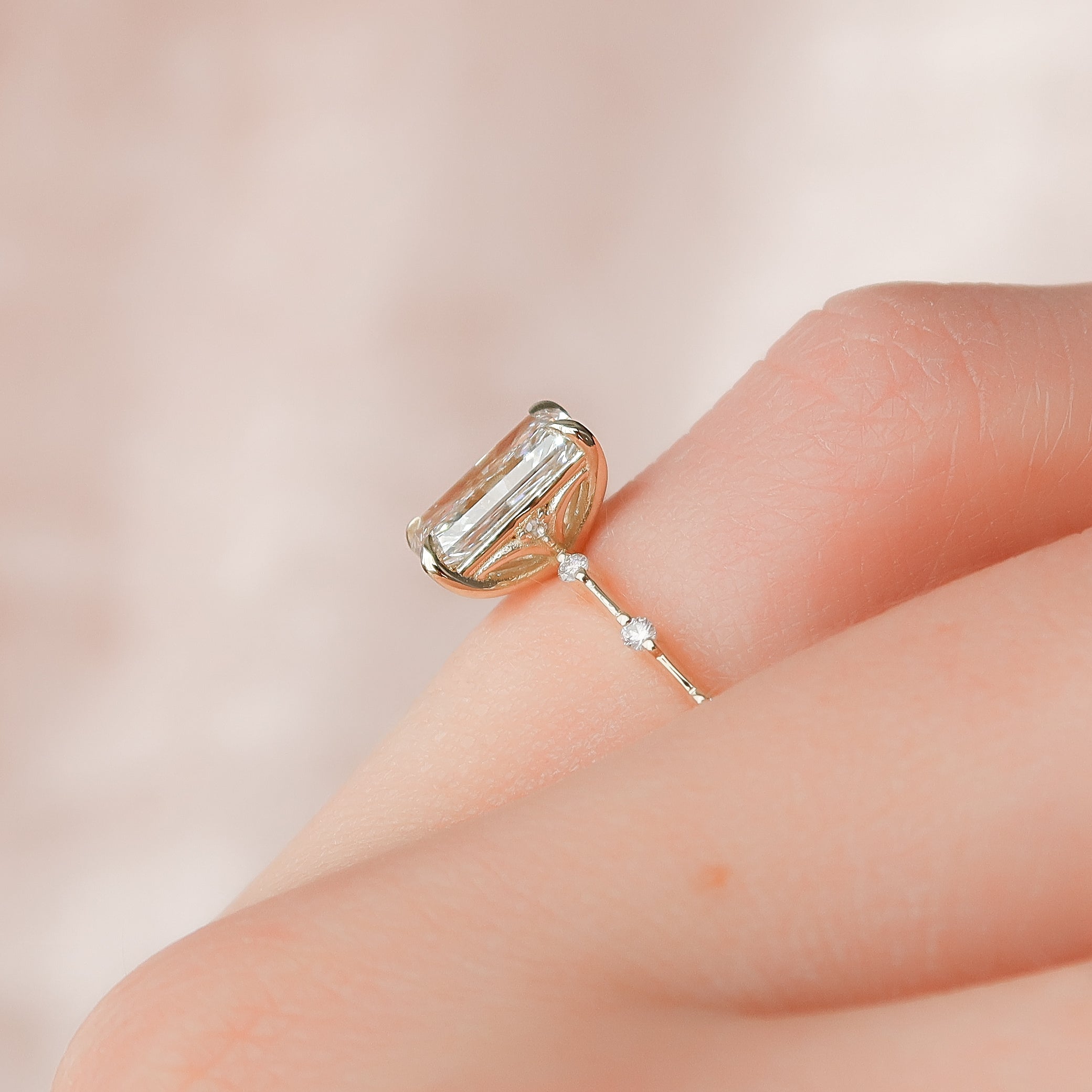 Radiant cut CVD diamond dainty engagement ring in slim white gold band setting