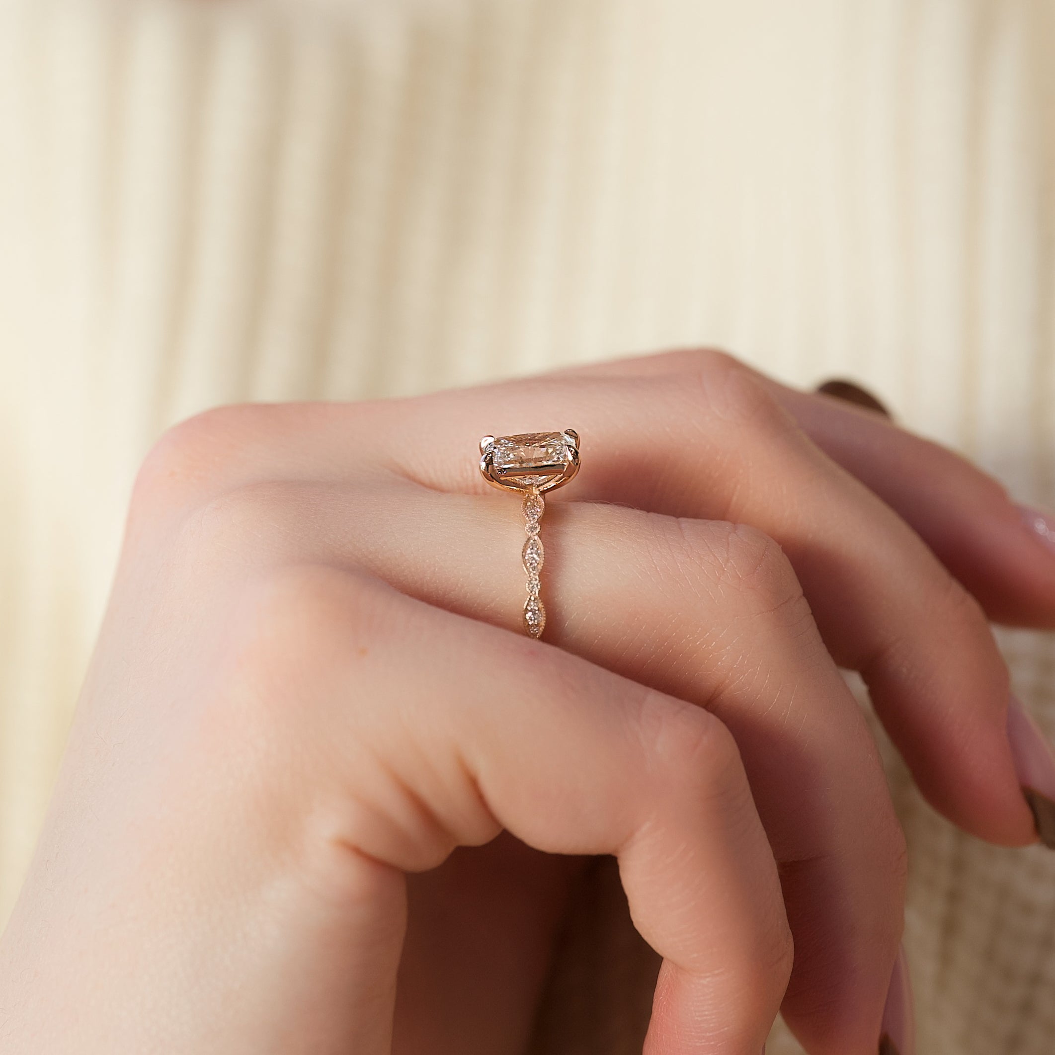 Radiant cut CVD diamond vintage style engagement ring with detailed band design