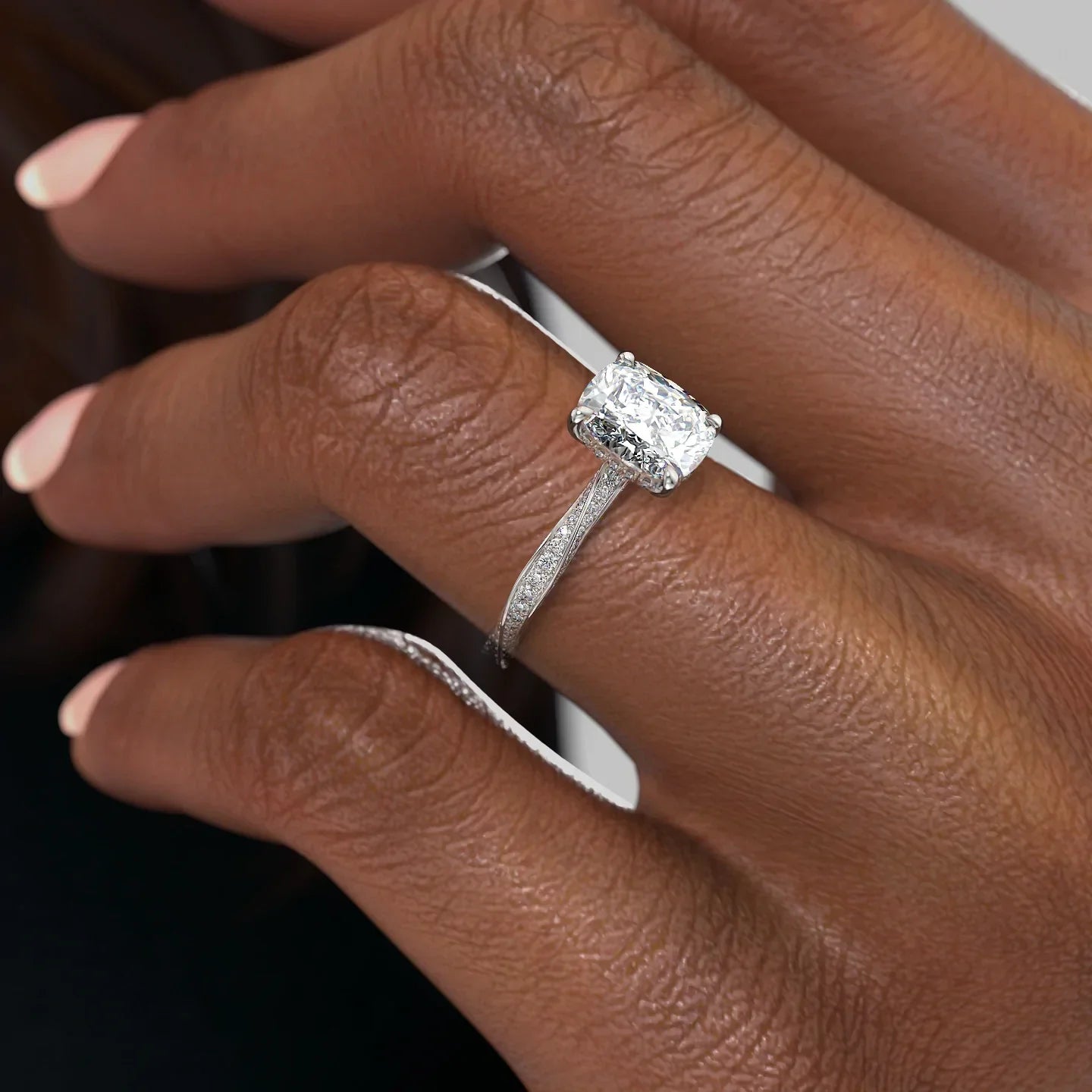 Elongated cushion cut CVD diamond twisted pave engagement ring in white gold