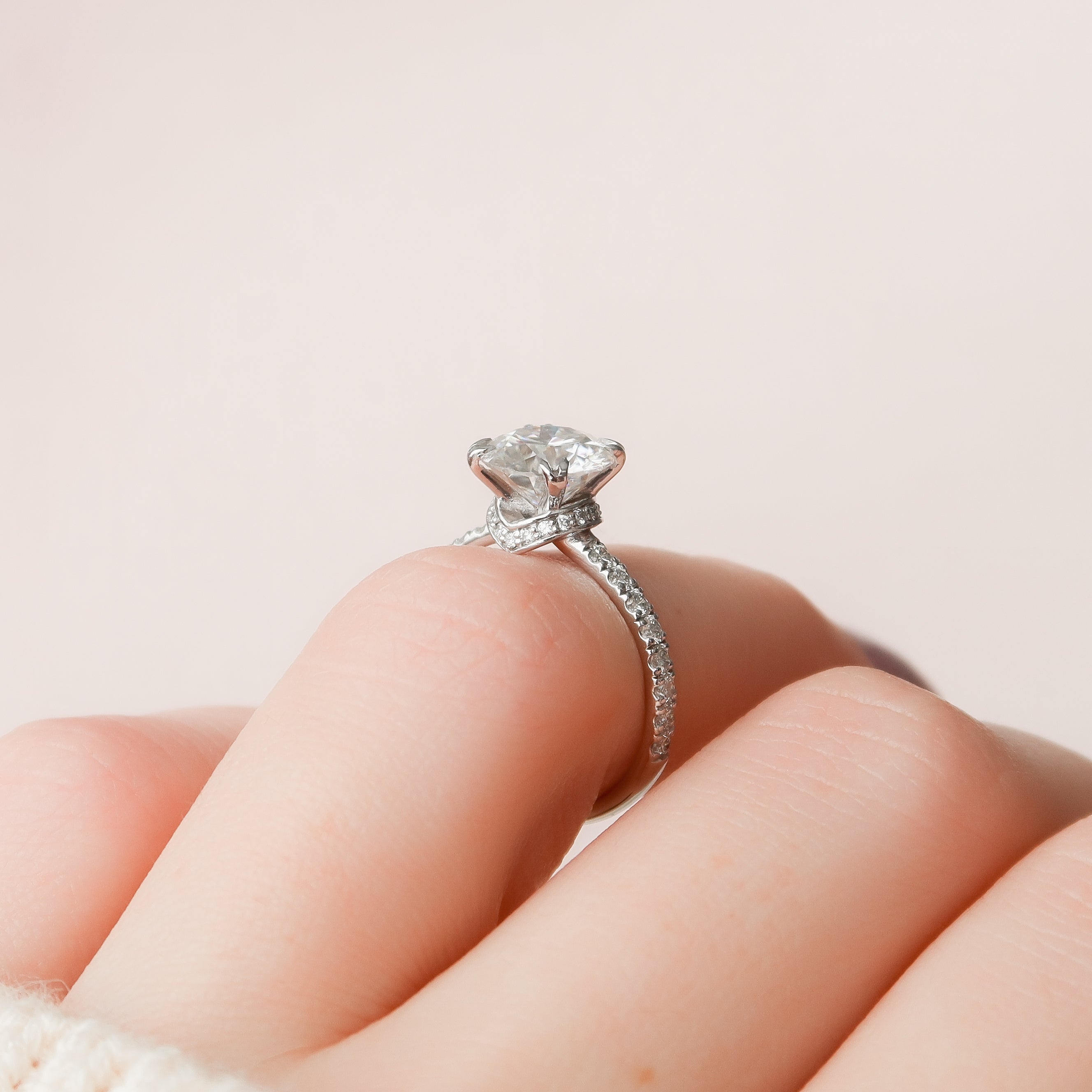 Radiant cut CVD diamond engagement ring with hidden halo and pave setting