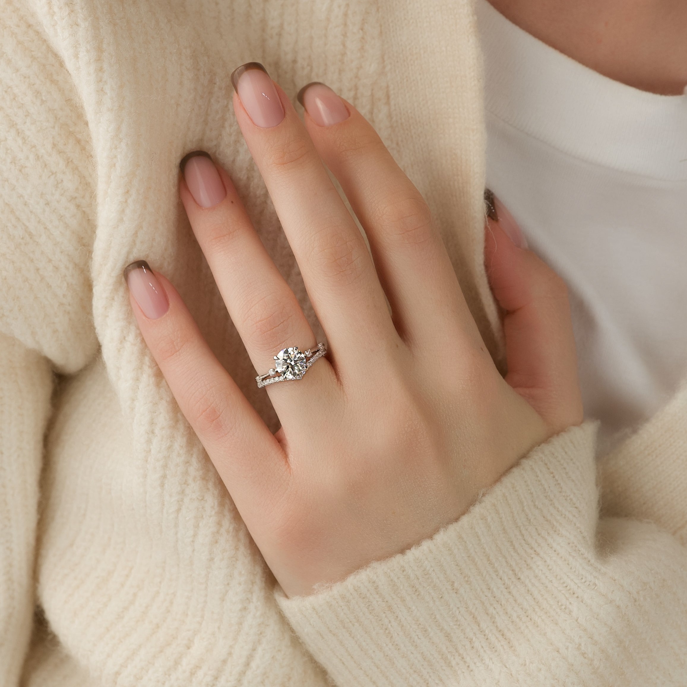 Round cut CVD diamond dainty engagement ring in white gold setting