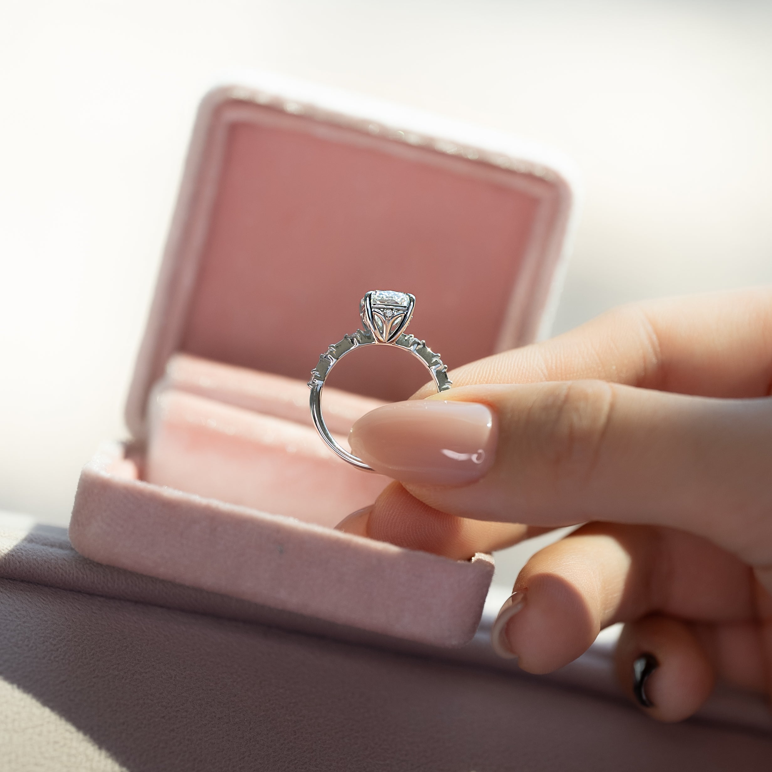 Elongated cushion cut CVD diamond dainty engagement ring with delicate band