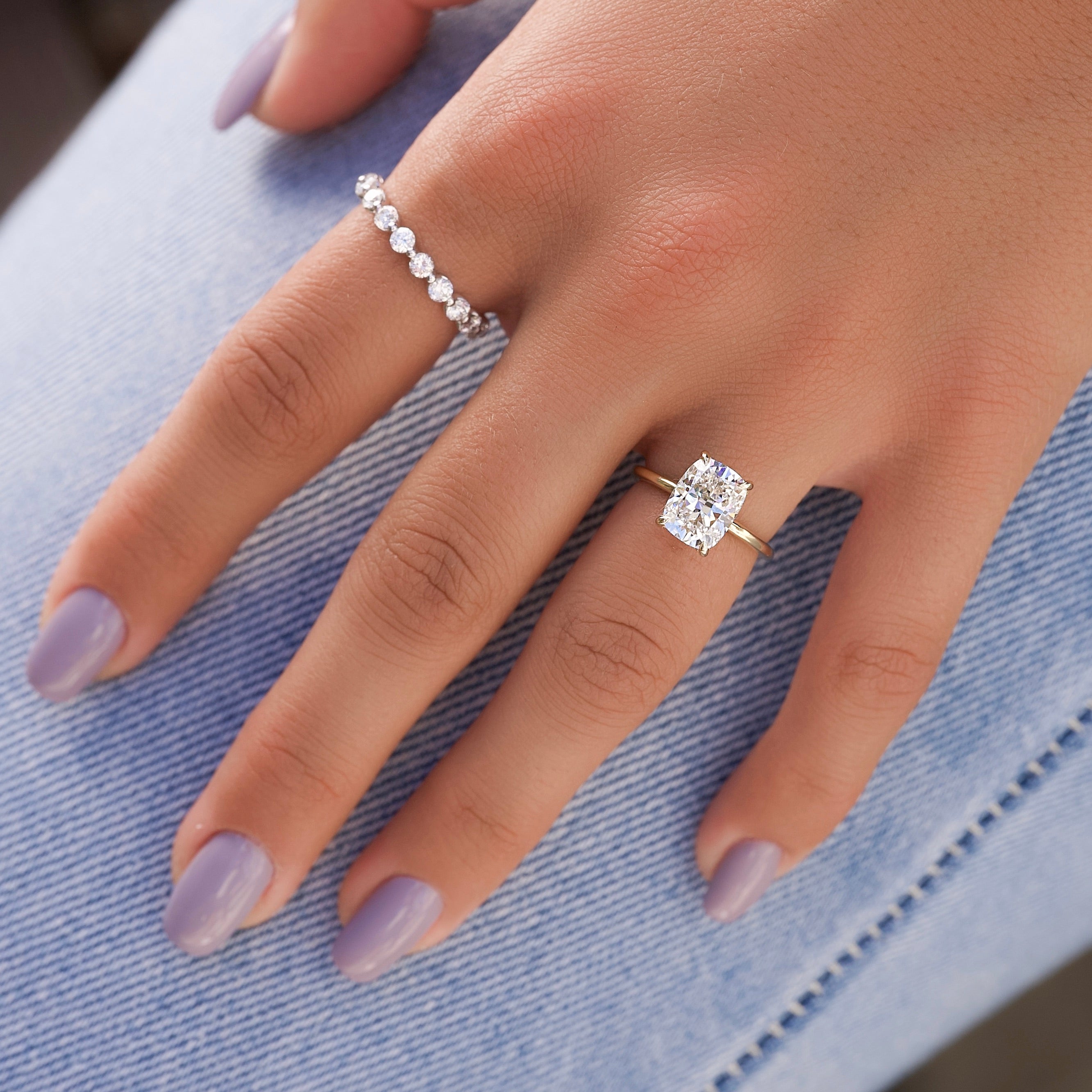 Elongated cushion cut CVD diamond engagement ring with hidden halo setting in white gold