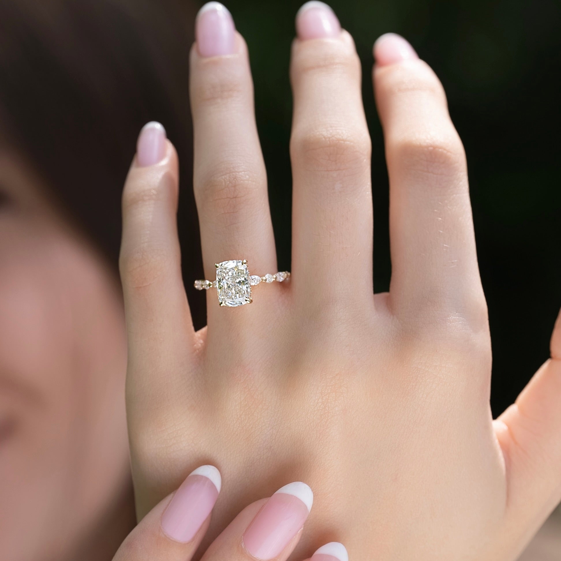 Elongated cushion cut CVD diamond hidden halo engagement ring with pave band in white gold