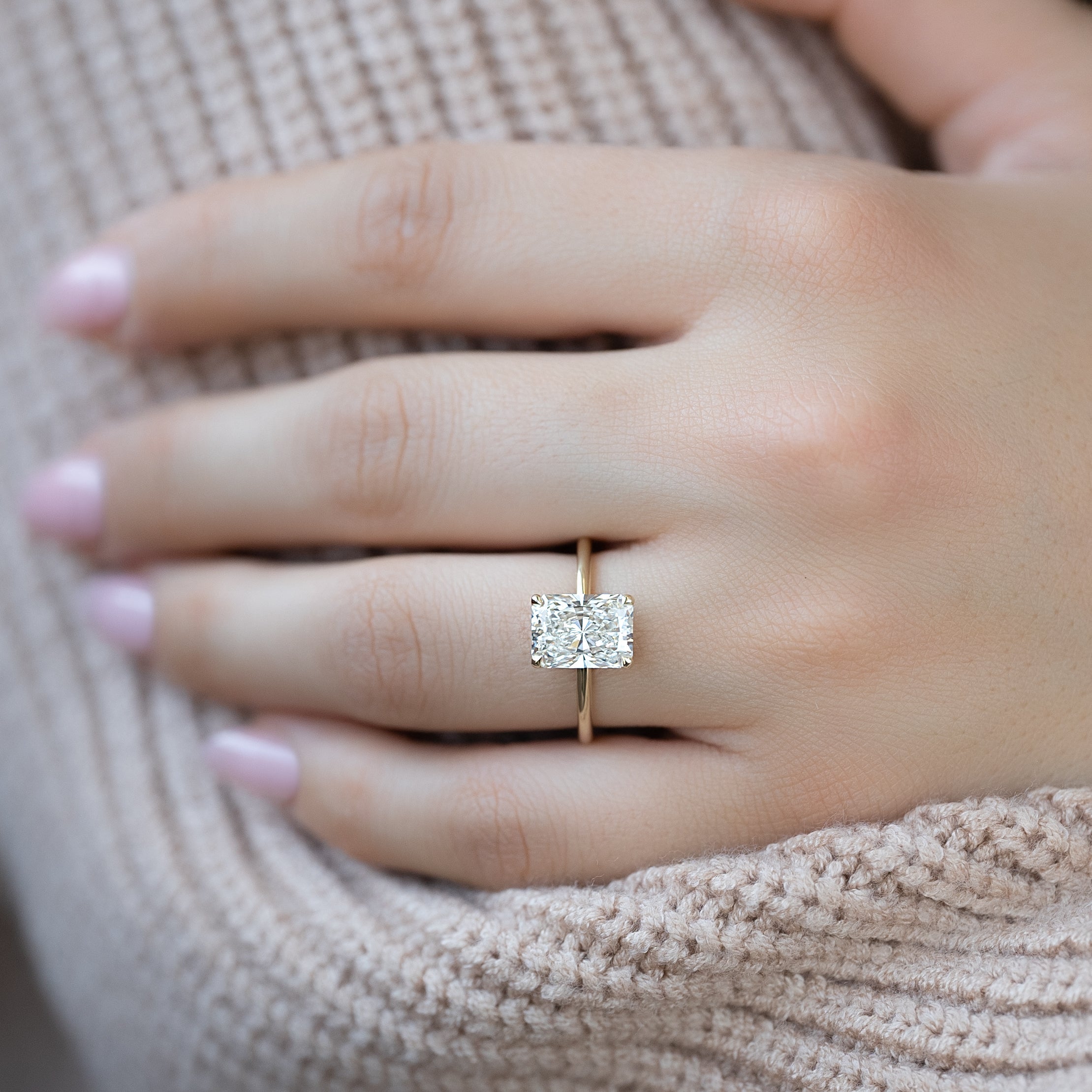 Radiant cut CVD diamond solitaire engagement ring in white gold setting