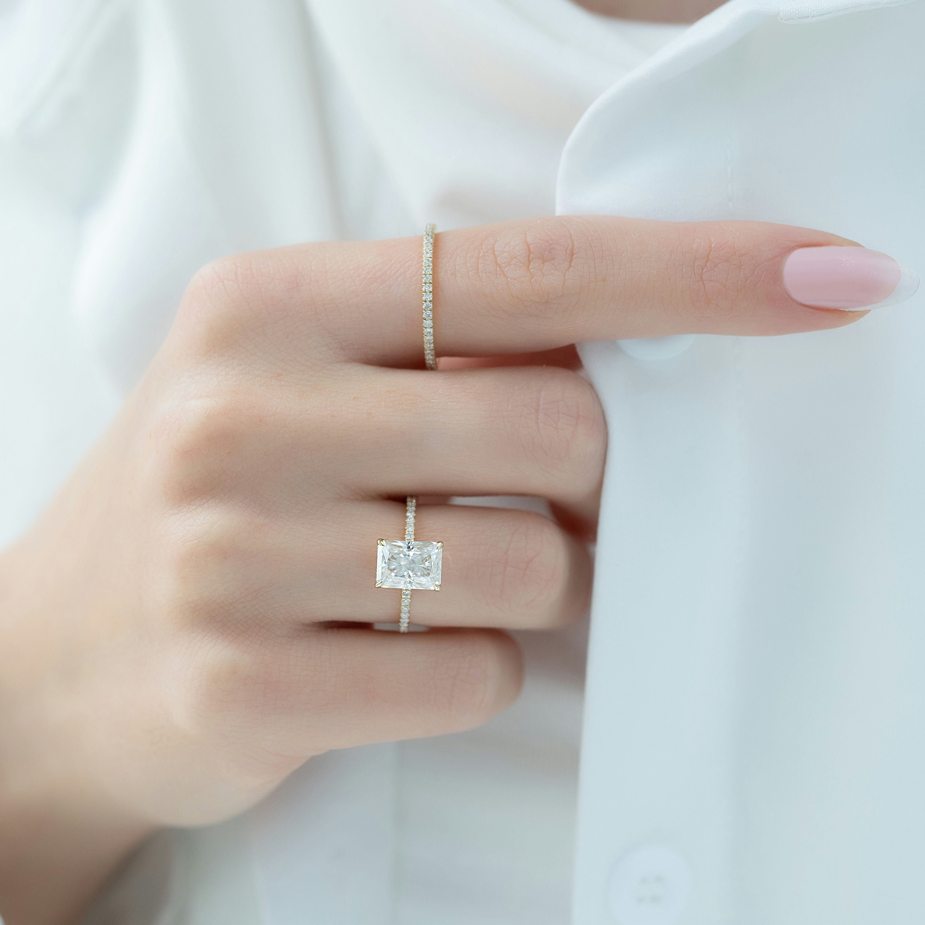 Radiant cut CVD diamond engagement ring with hidden halo and pave diamond band in white gold