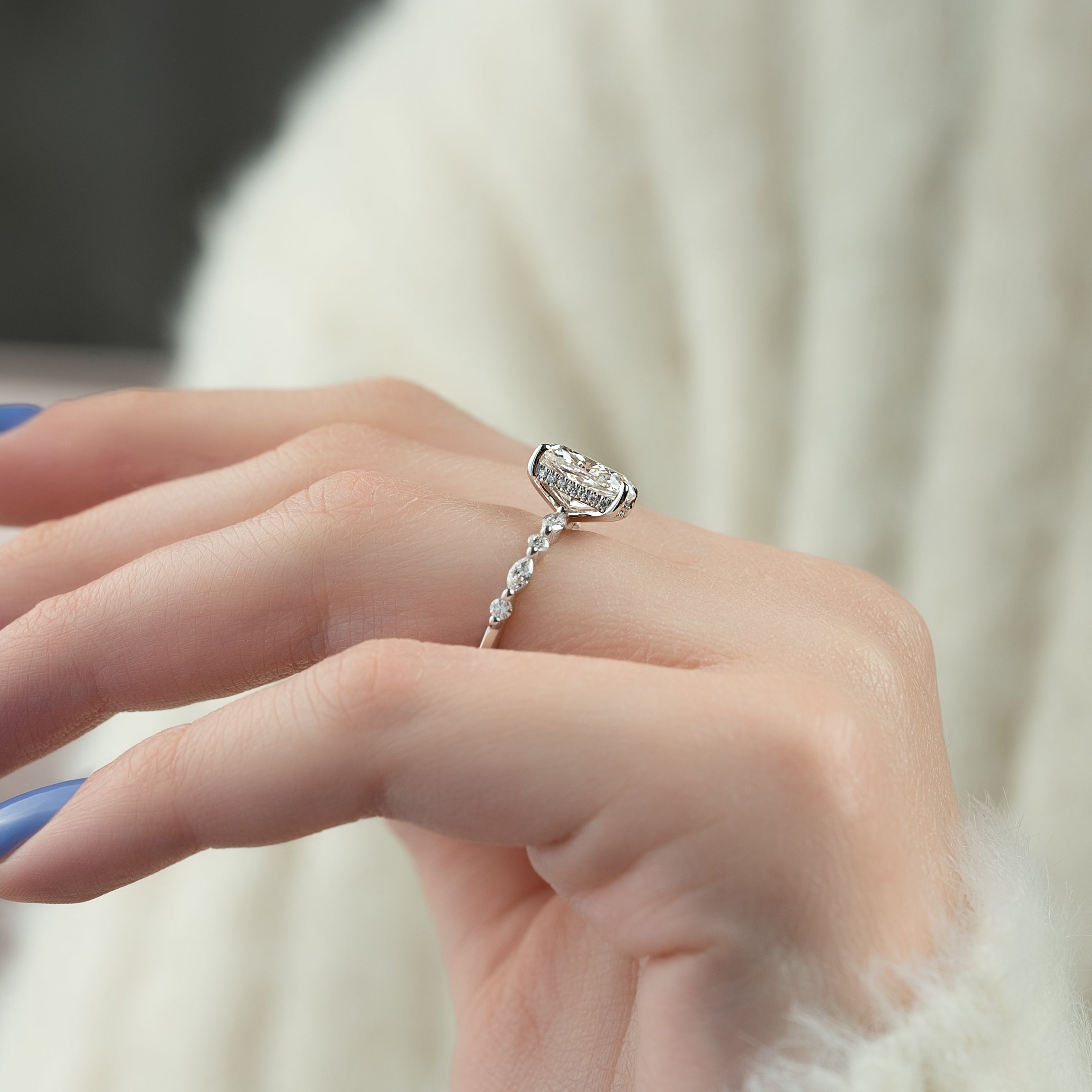 Elongated cushion cut CVD diamond hidden halo engagement ring with pave band in white gold