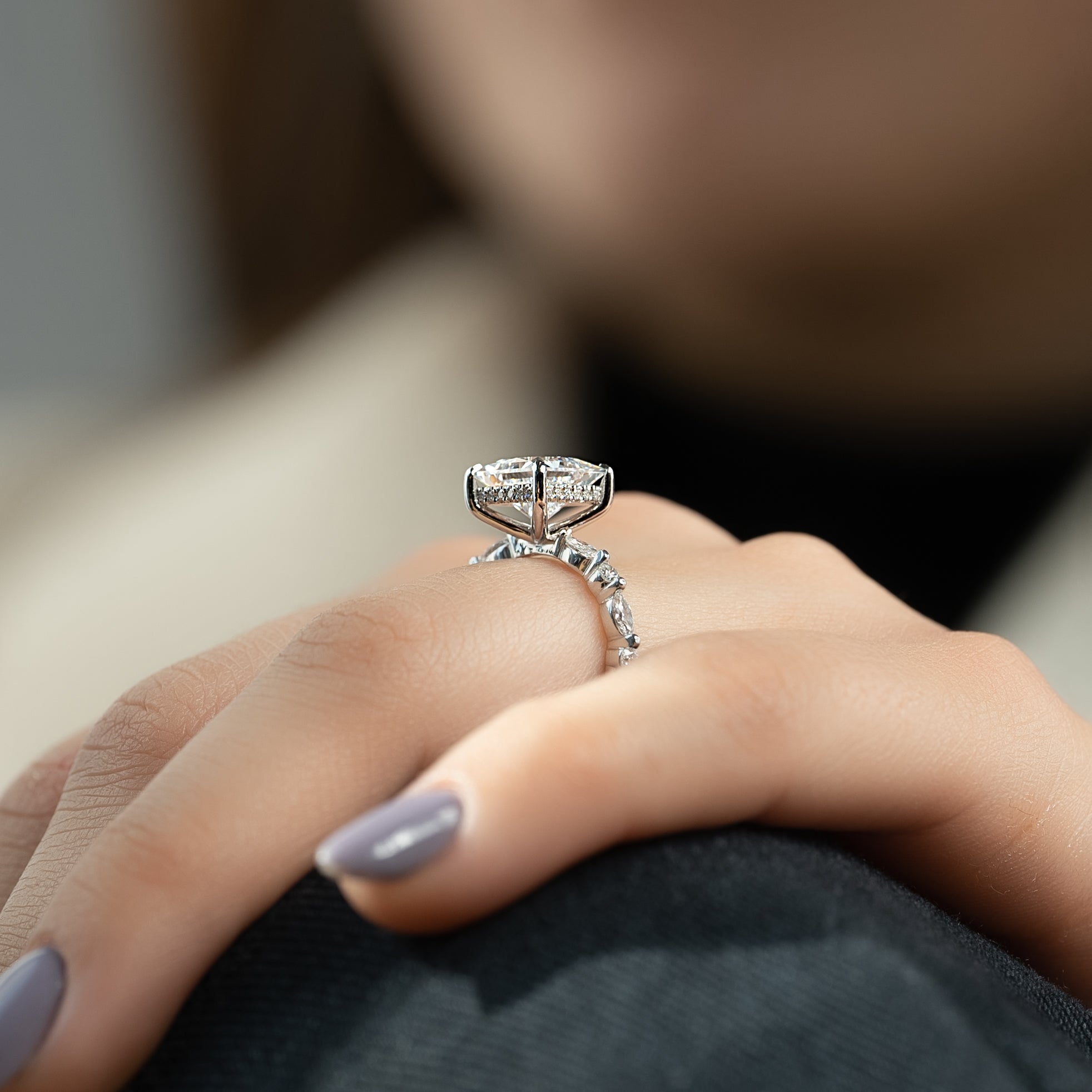 Princess cut CVD diamond engagement ring with hidden halo and pave diamond band in white gold