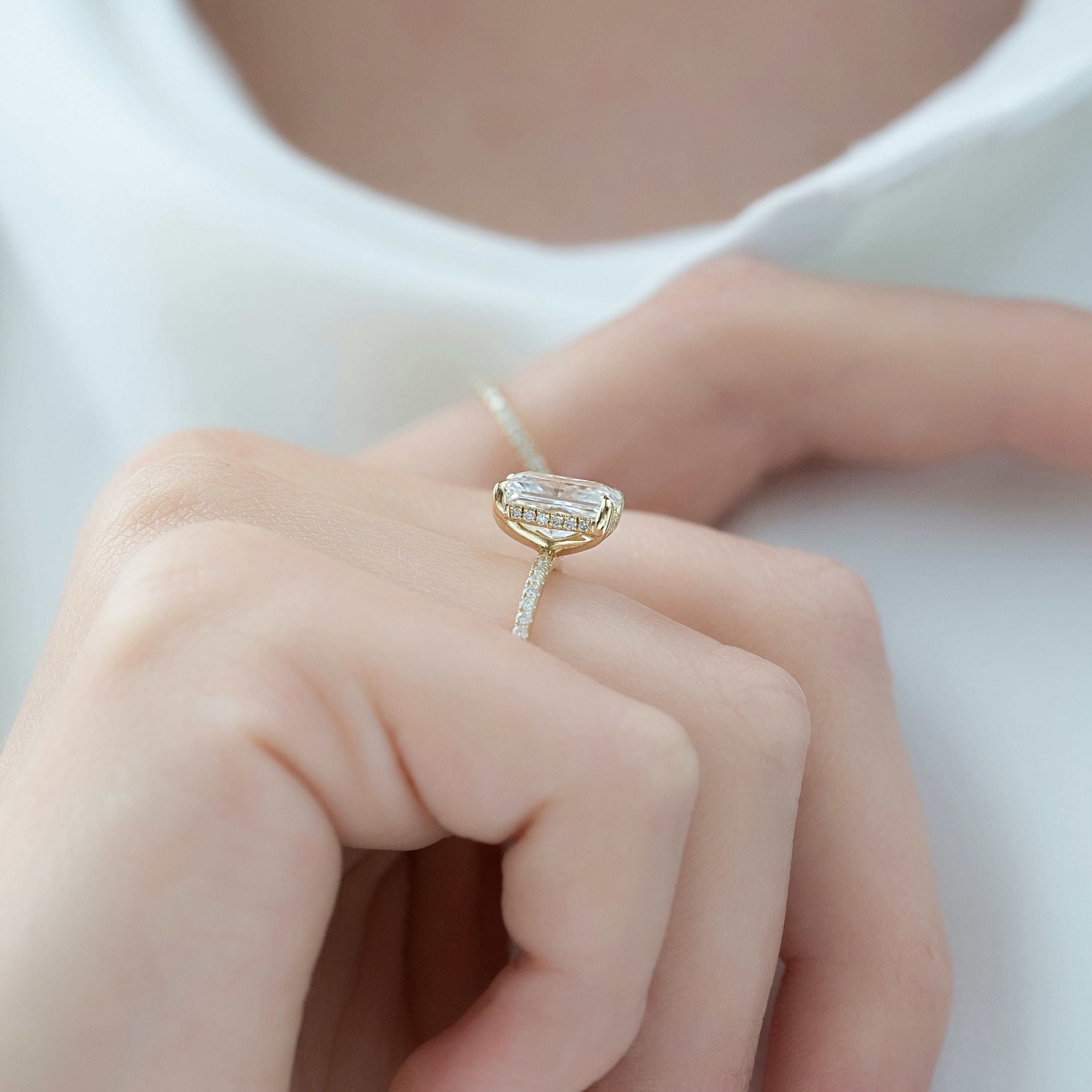 Radiant cut CVD diamond engagement ring with hidden halo and pave diamond band in white gold