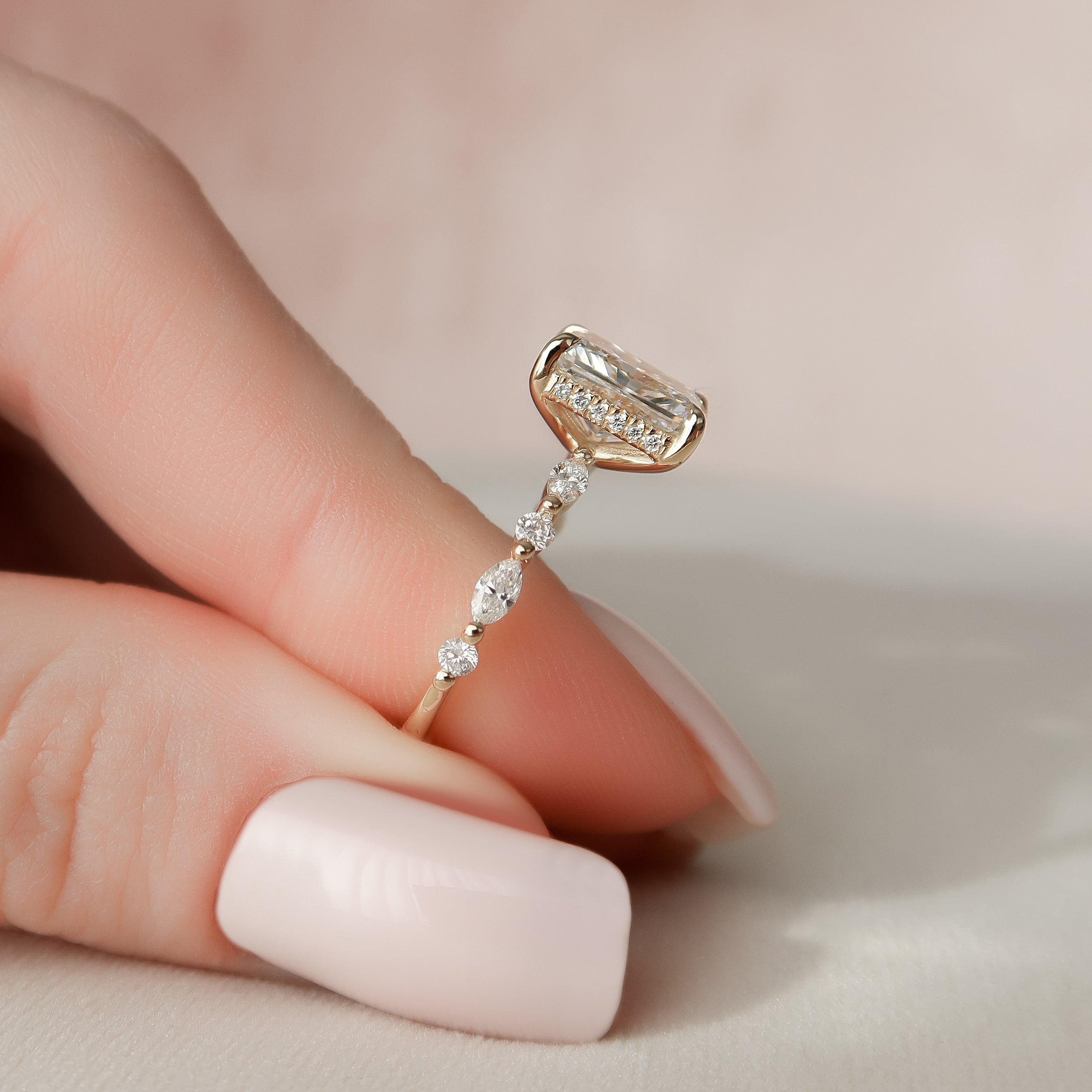 Radiant cut CVD diamond engagement ring with hidden halo and pave setting for a sparkling modern bridal style